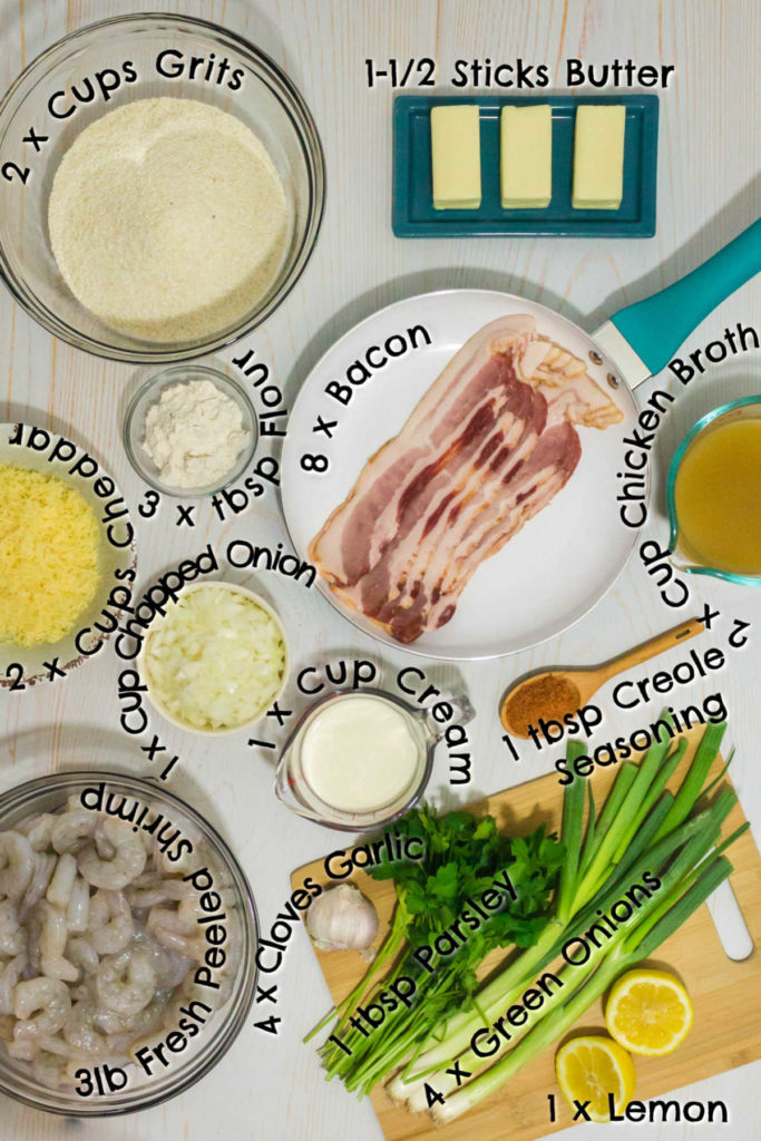 shrimp and grits ingredients with words telling what each ingredient is