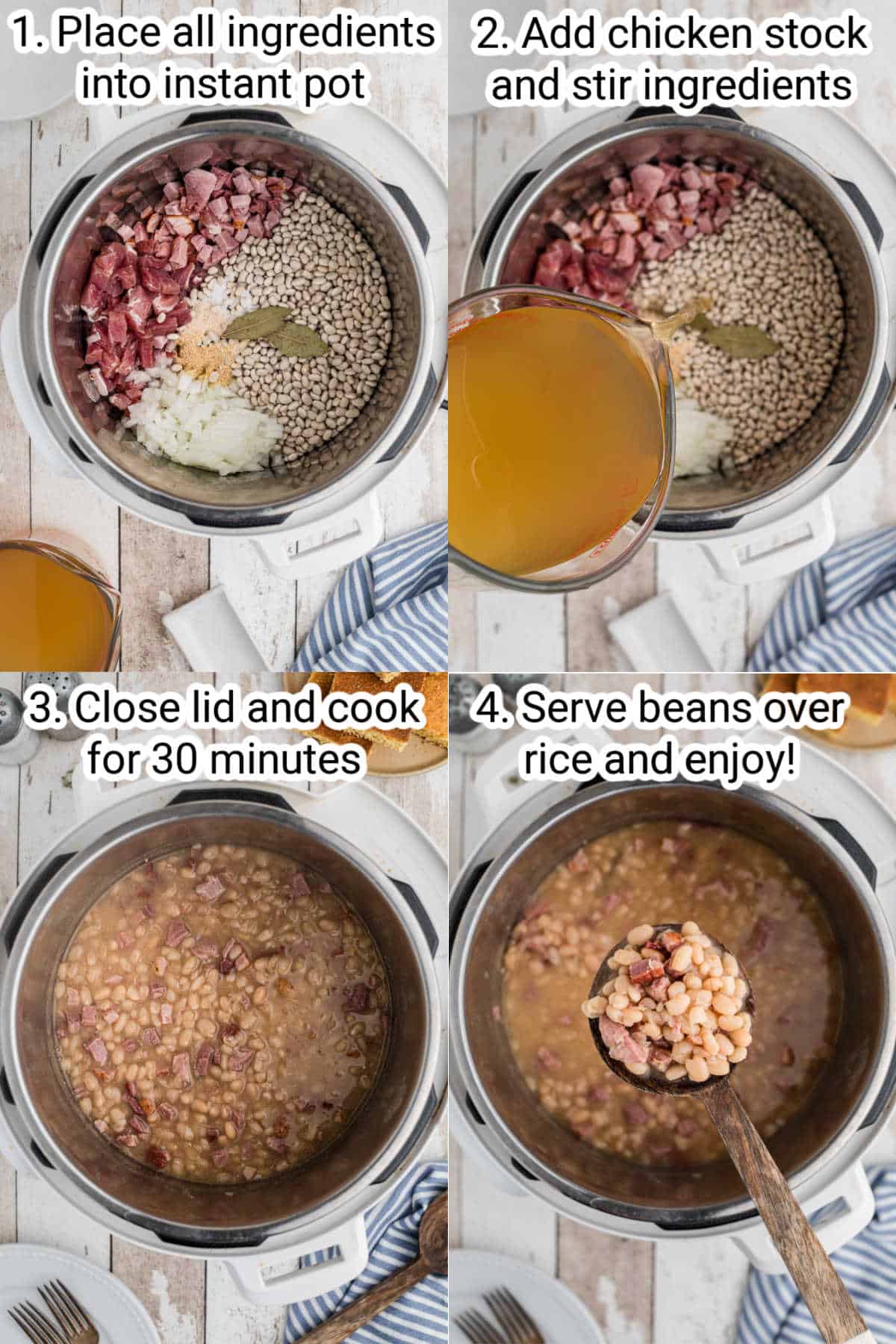 four images showing how to make white beans in the instant pot