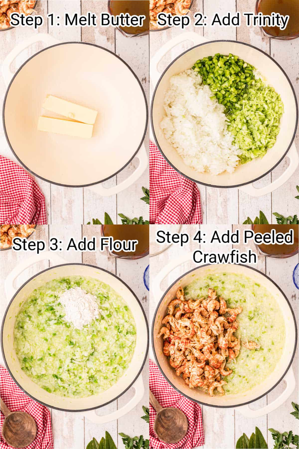 four pictures showing steps needed for making a crawfish etouffee