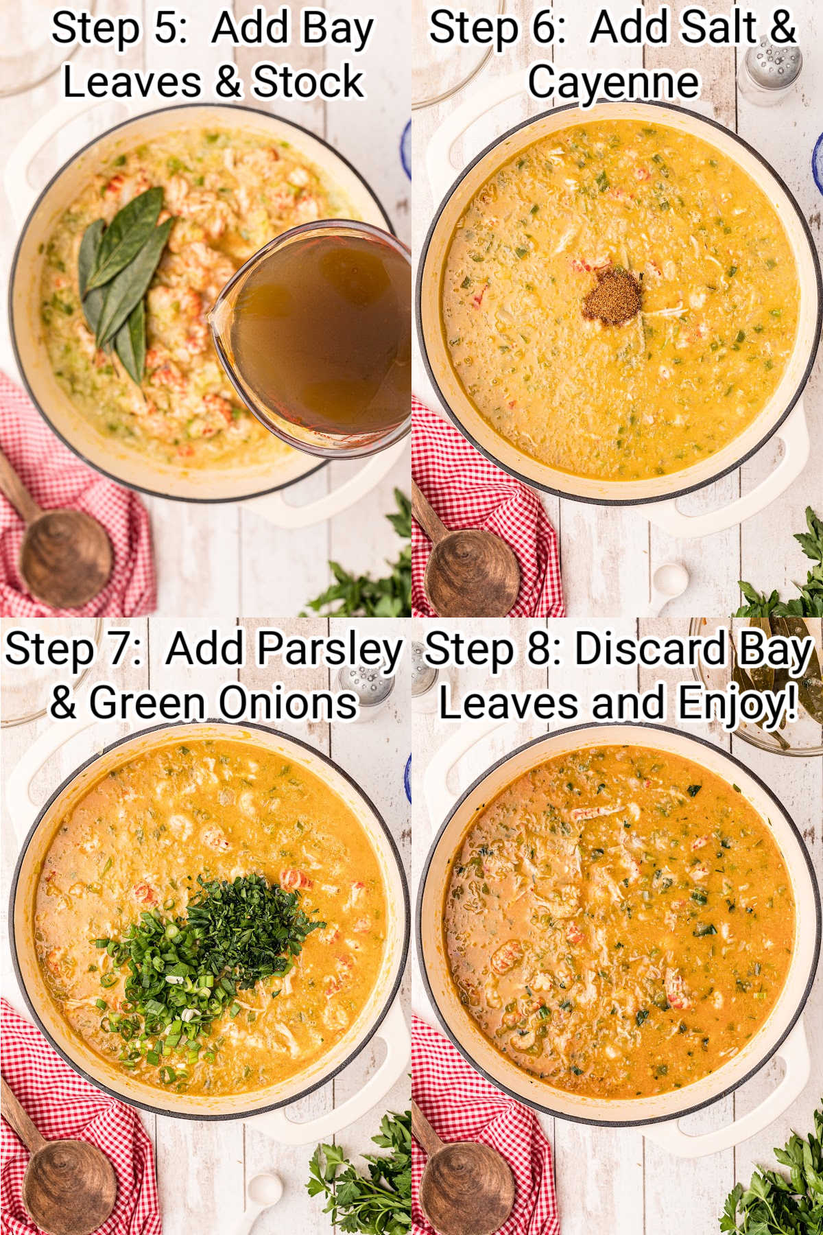 four pictures showing the steps needed to make a crawfish etouffee