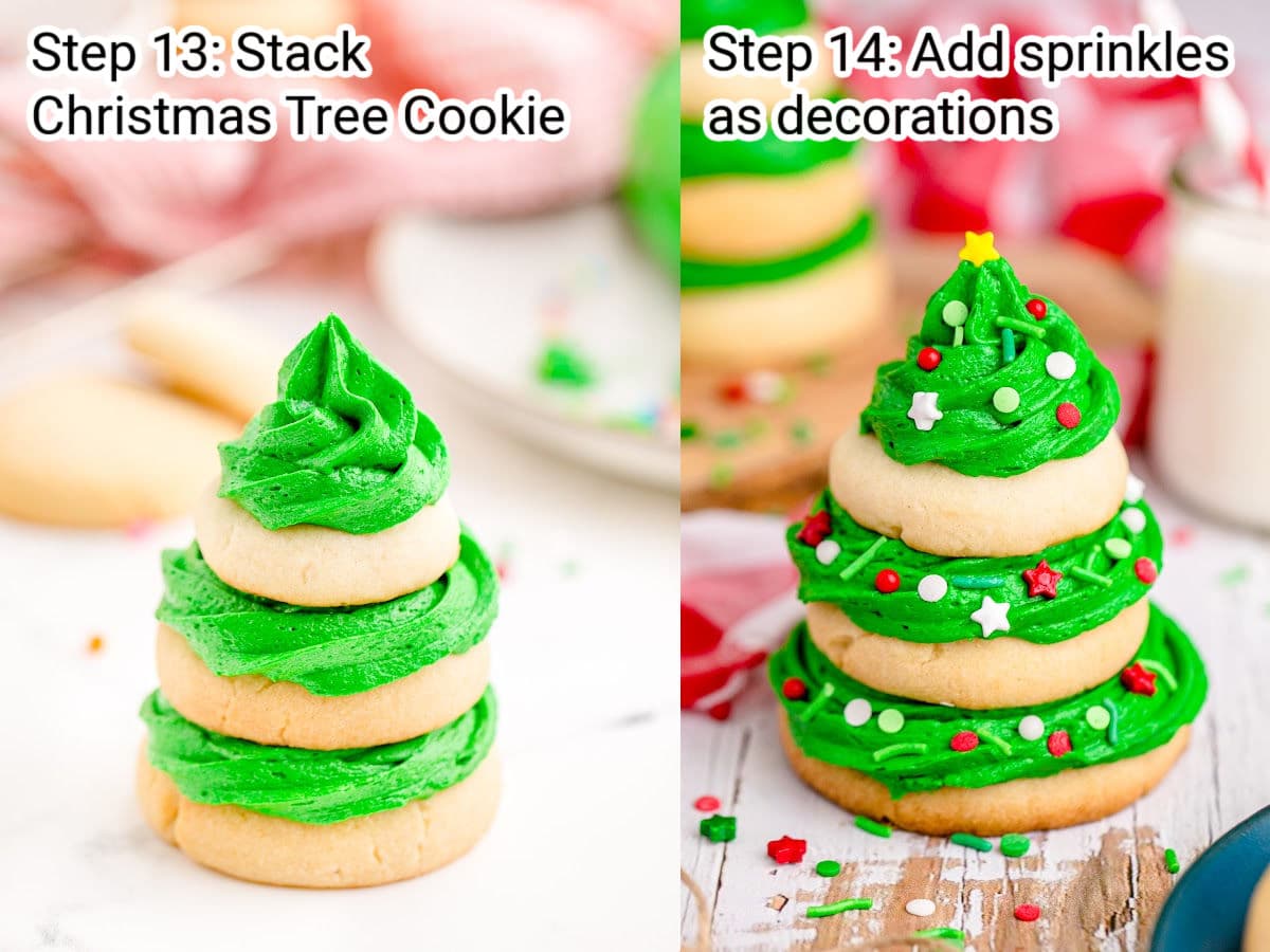 two images of a stack of sugar cookies with green icing, showing how to make them look like a christmas tree