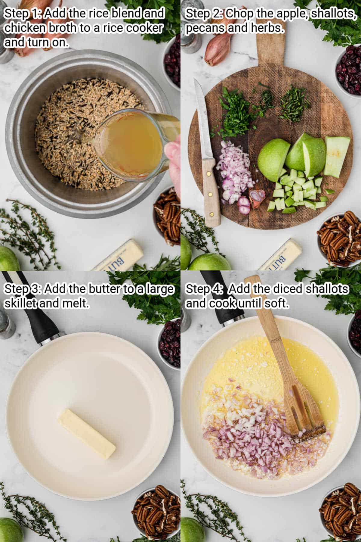 four images showing directions of how to make a cranberry apple rice pilaf