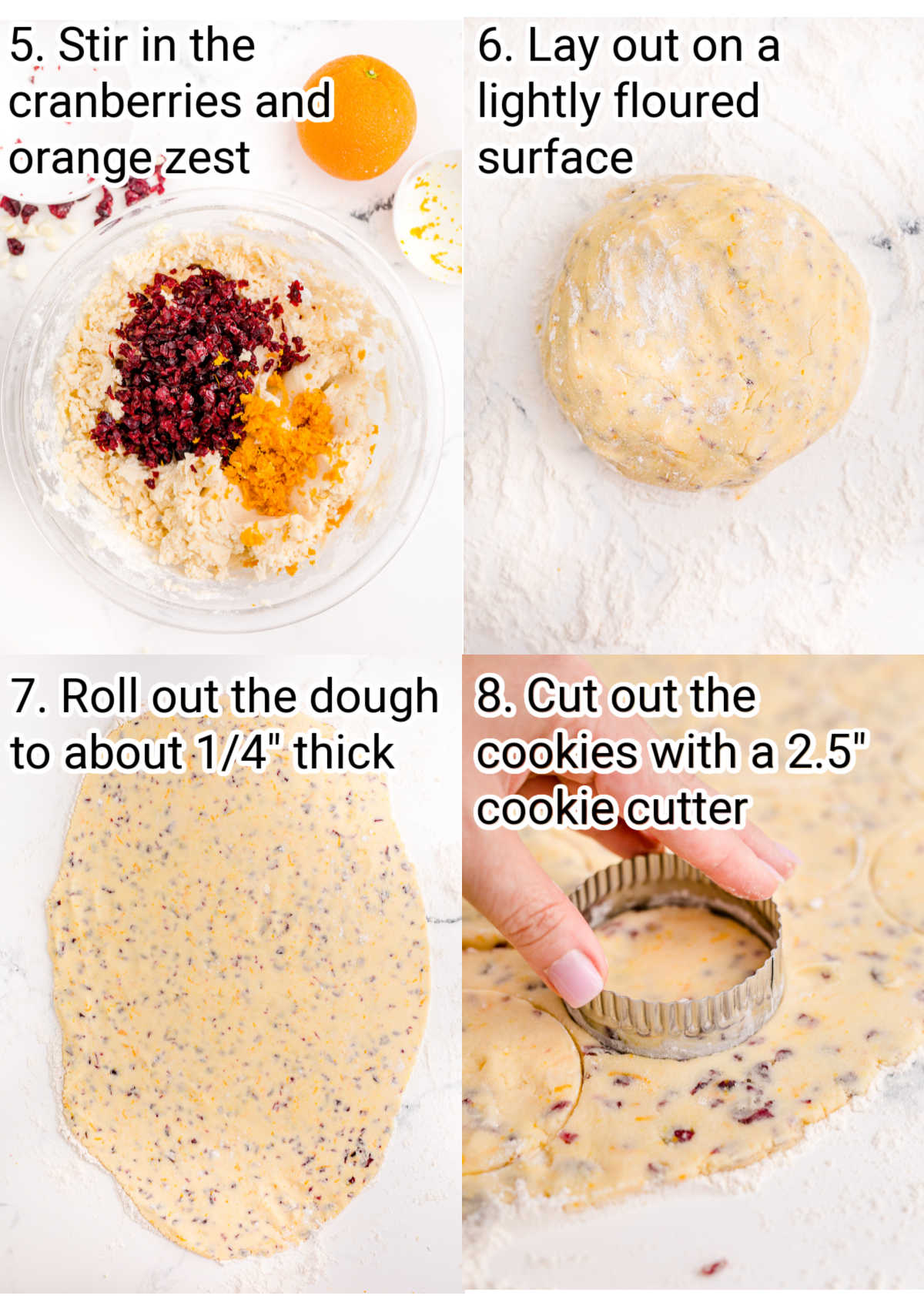 cranberry orange shortbread cookies four images showing steps 5 through 8 on how to make them