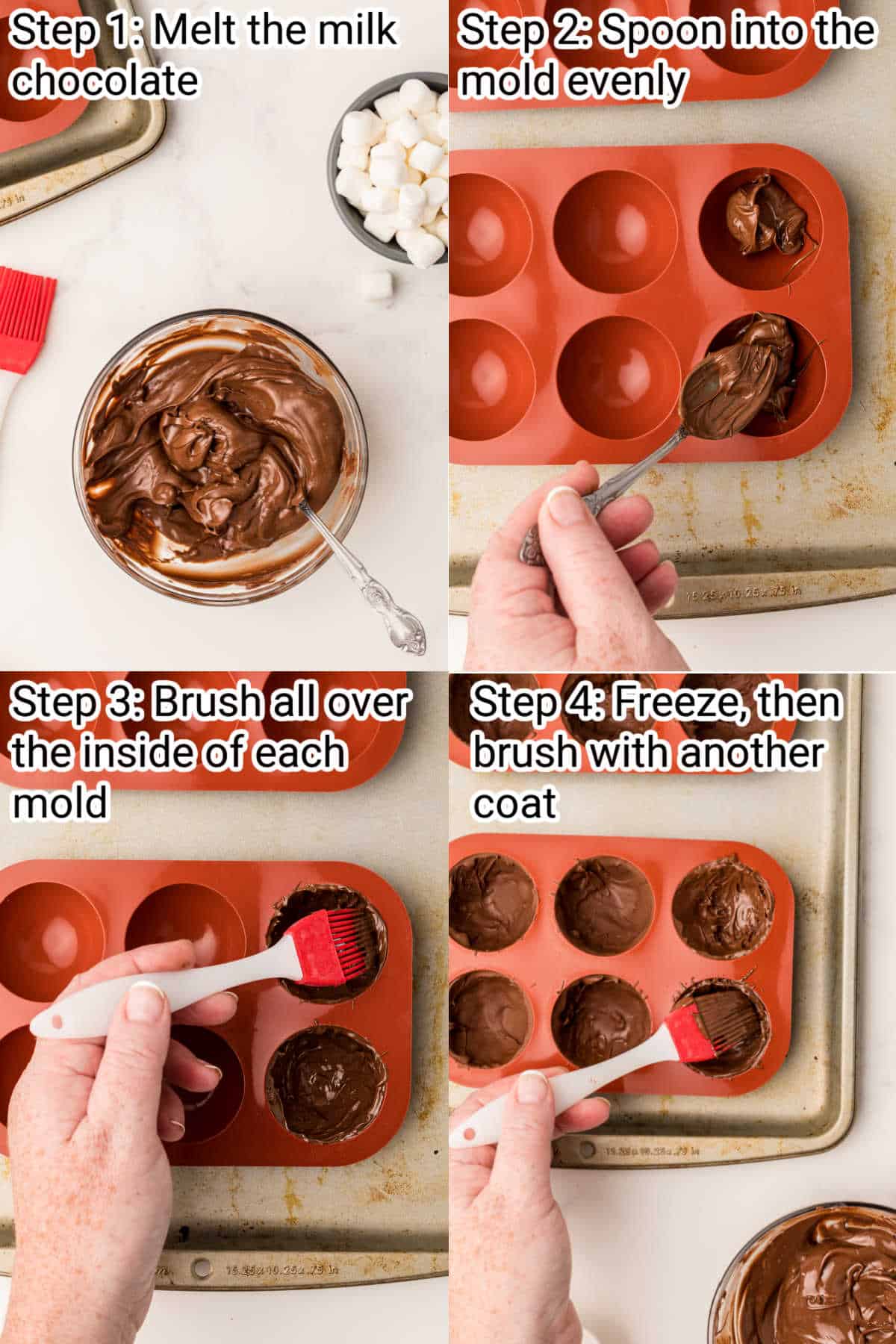 four images showing how to make hot chocolate bombs, steps 1 through 4