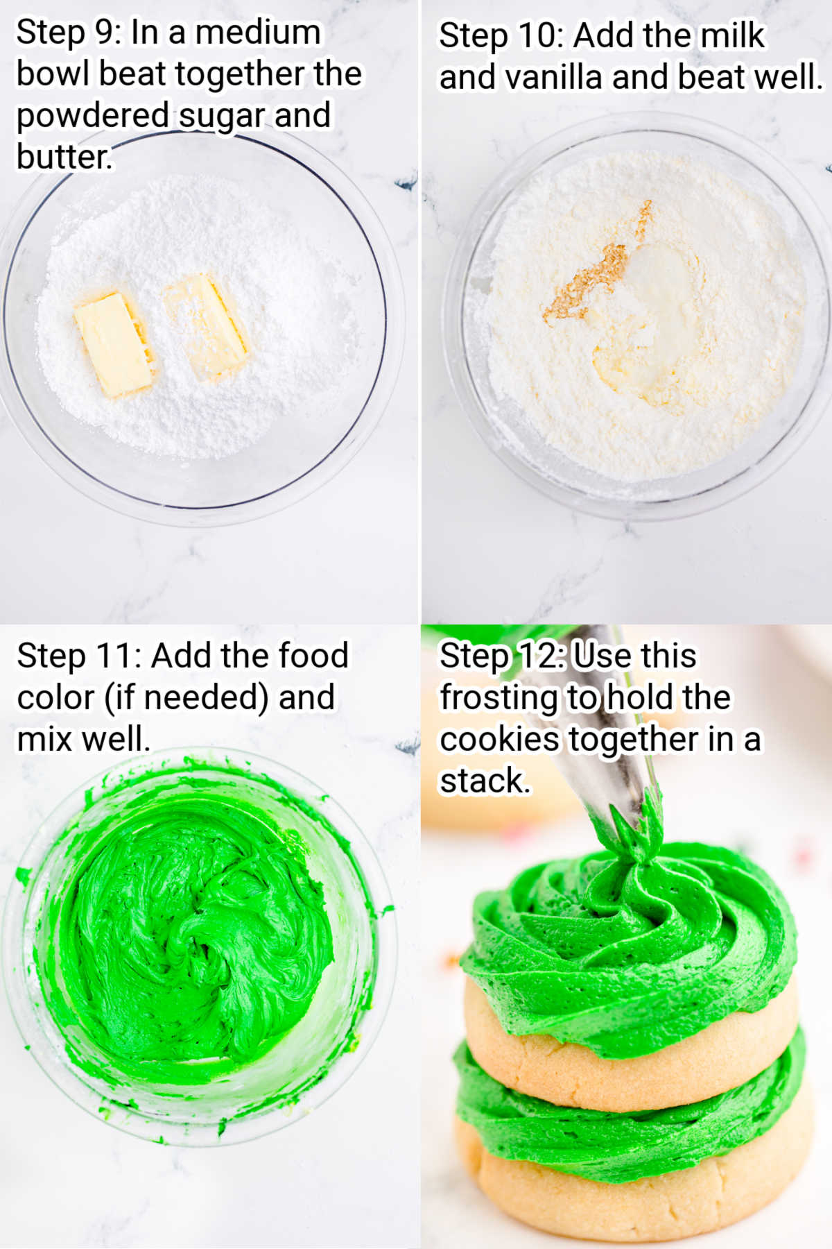 four images showing how to make stacked christmas tree cookies