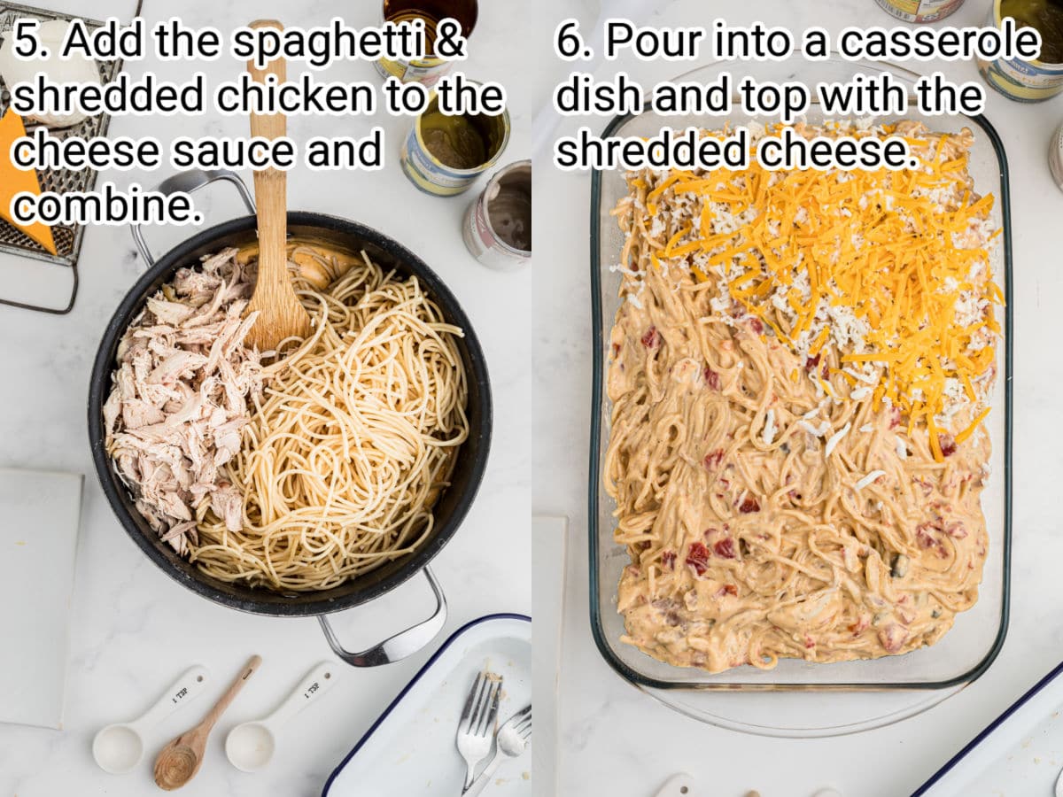 baked chicken spaghetti - two photographs showing steps 5 and 6 how to cook