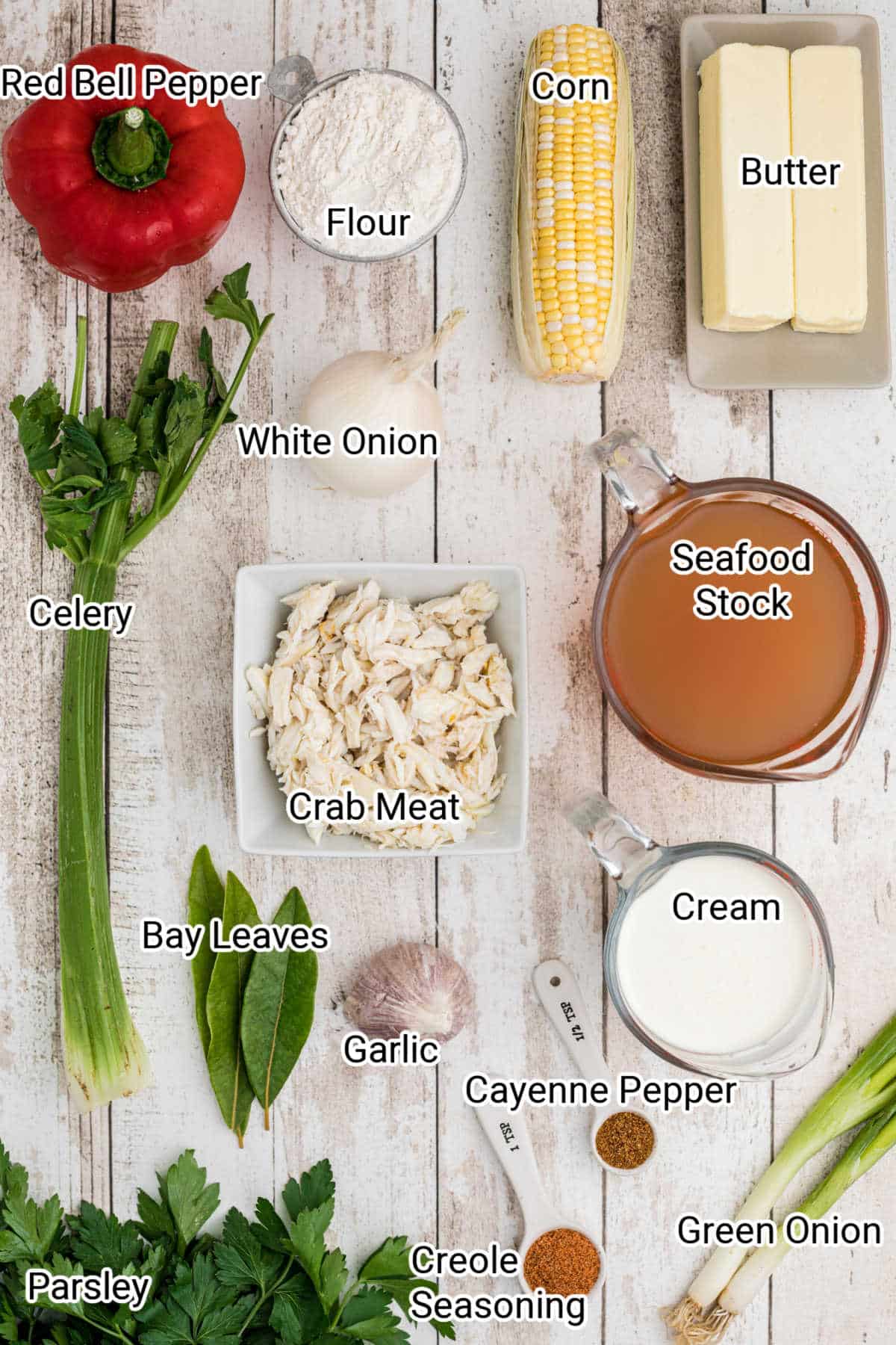 ingredients for a corn and crab bisque all laid out