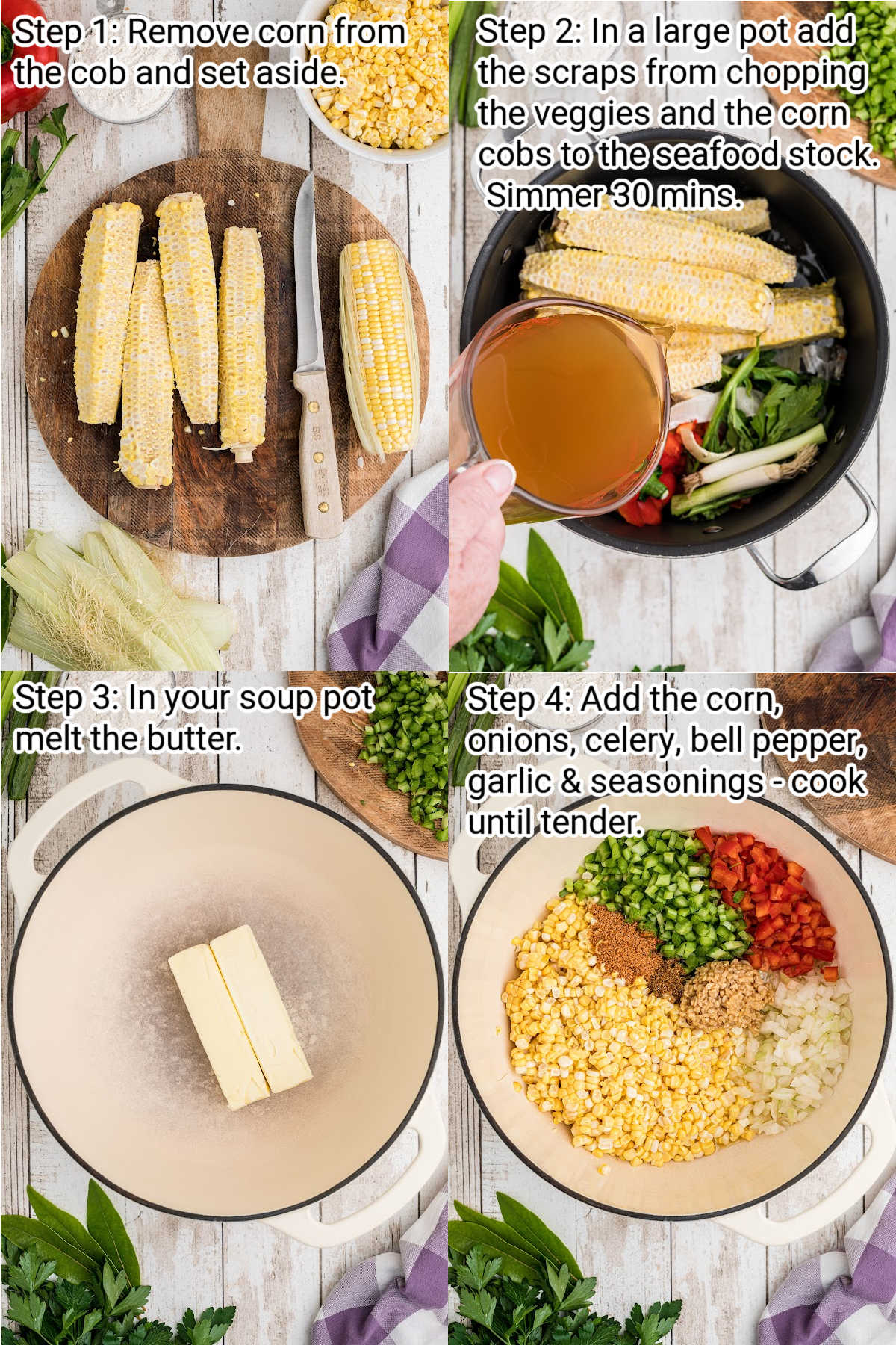 four images showing how to make a corn and crab bisque steps 1 through 4