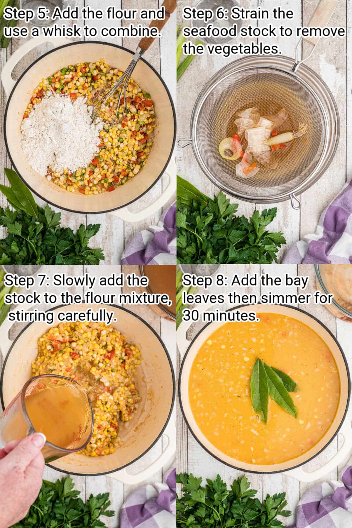 A collage of four images showing how to make corn and crab bisque.