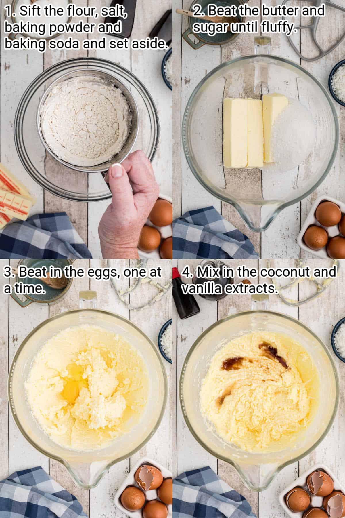 four images showing steps how to make a louisiana crunch cake