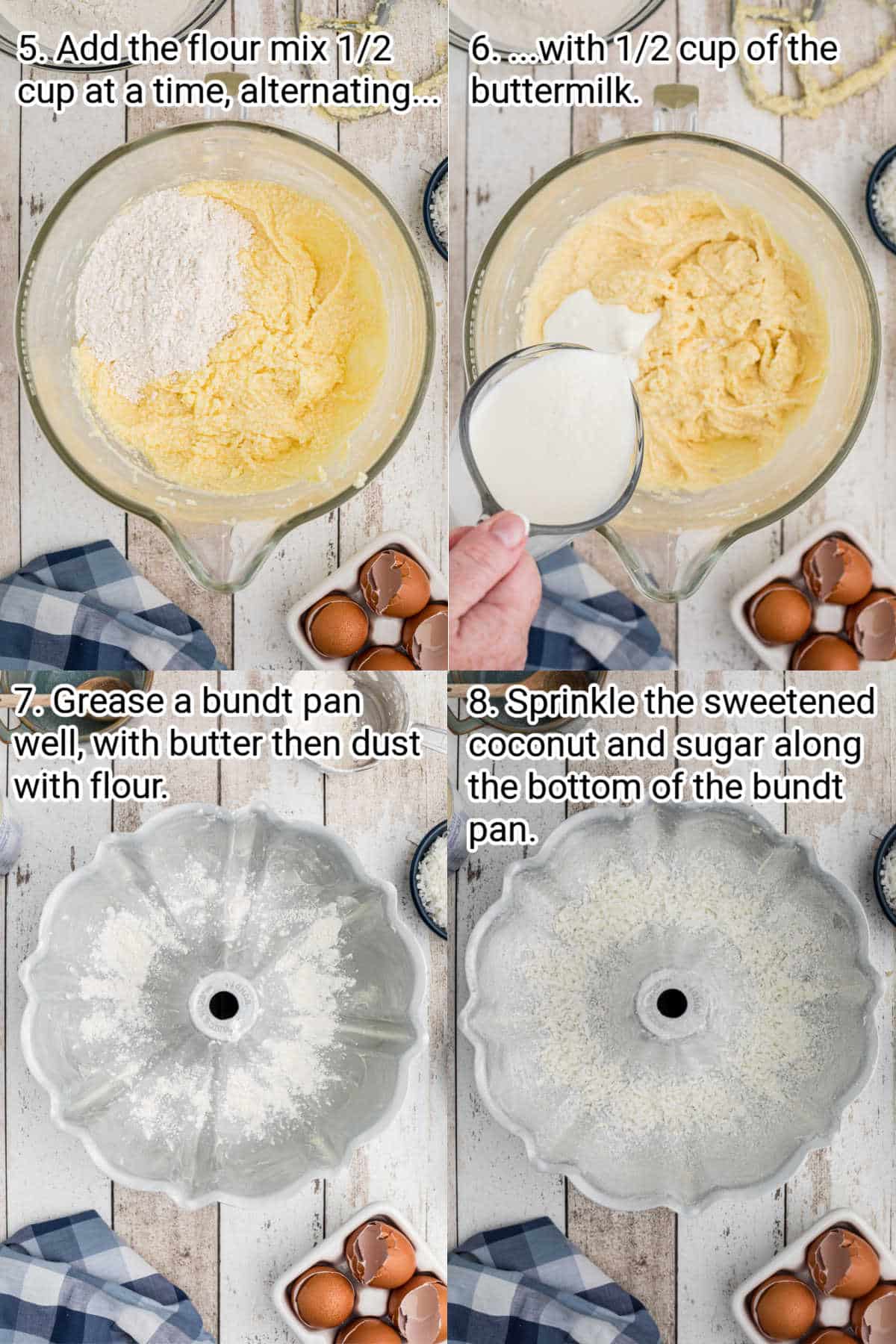 four images showing steps how to make a louisiana crunch cake