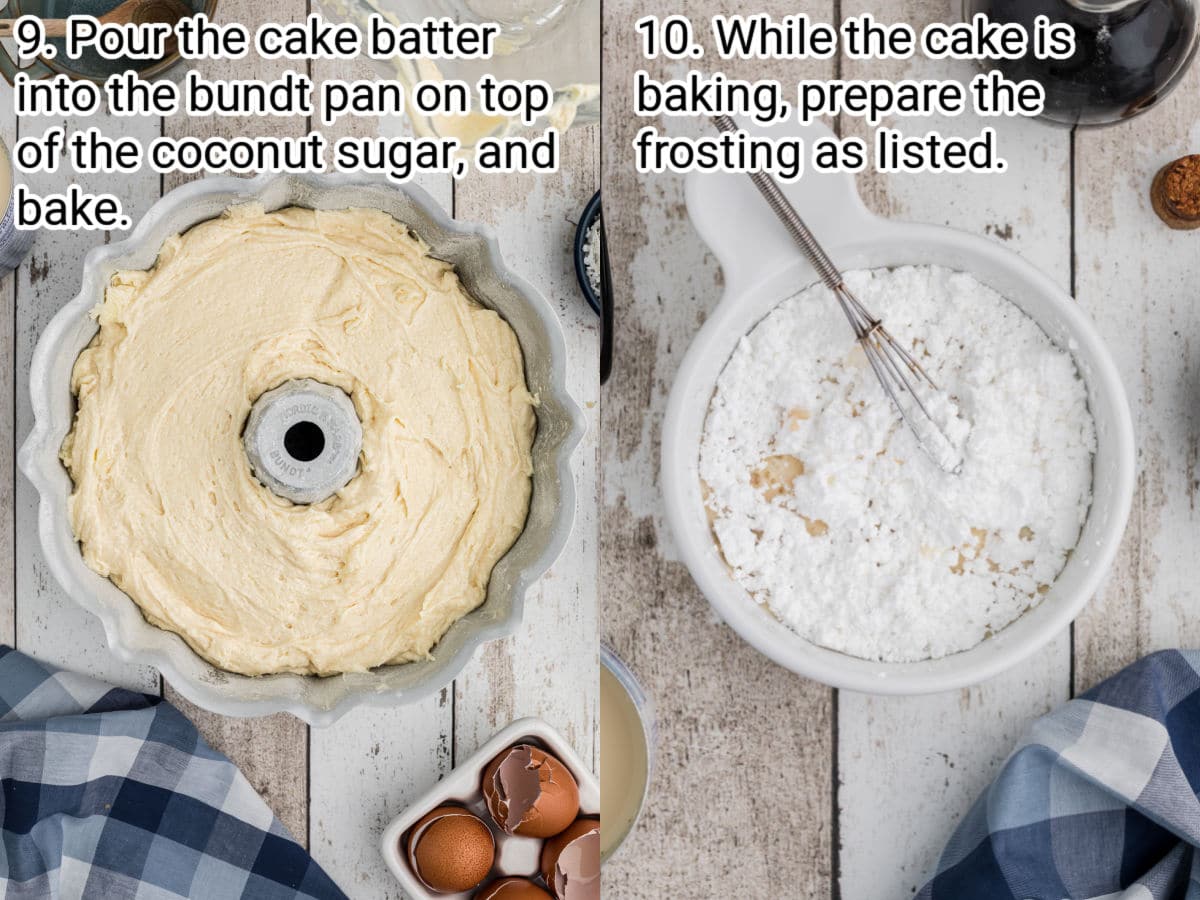 two images showing steps for making a louisiana crunch cake