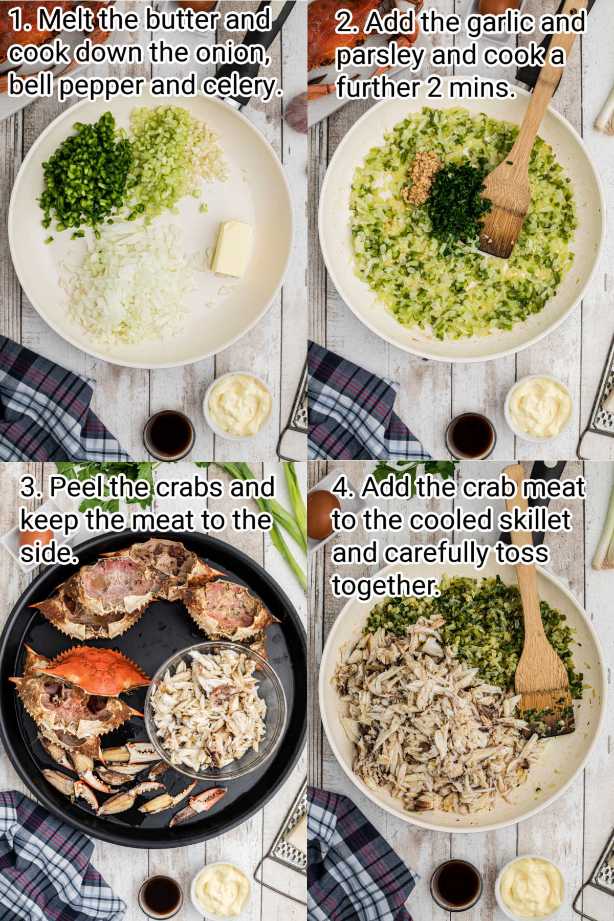 4 images showing how to cook a stuffed crab