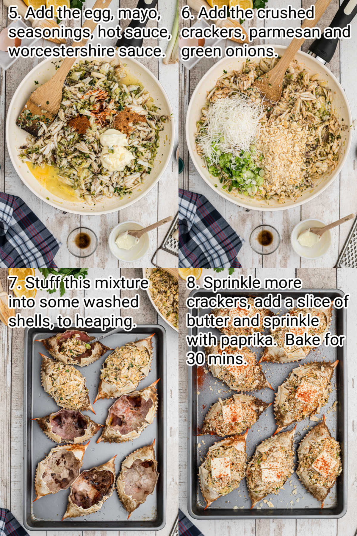 4 images showing the steps how to make a stuffed crab