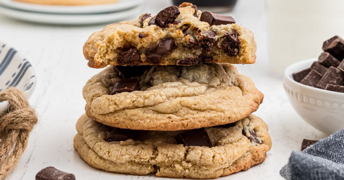 stack of three chunky chocolate chip cookies