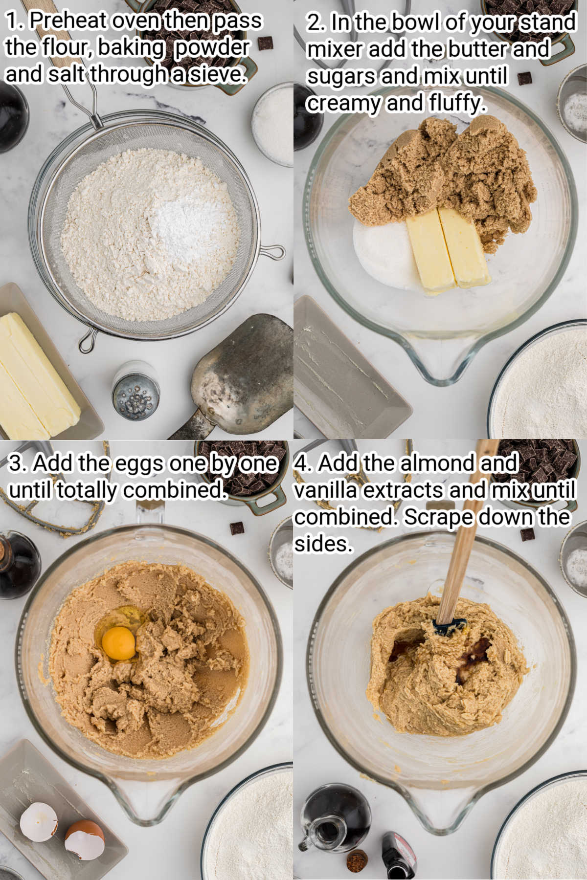 4 step by step images showing how to make thick chocolate chip cookies