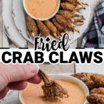 two images showing fried crab claws, one a plate with them all laid out, the other is one being dipped into a sauce