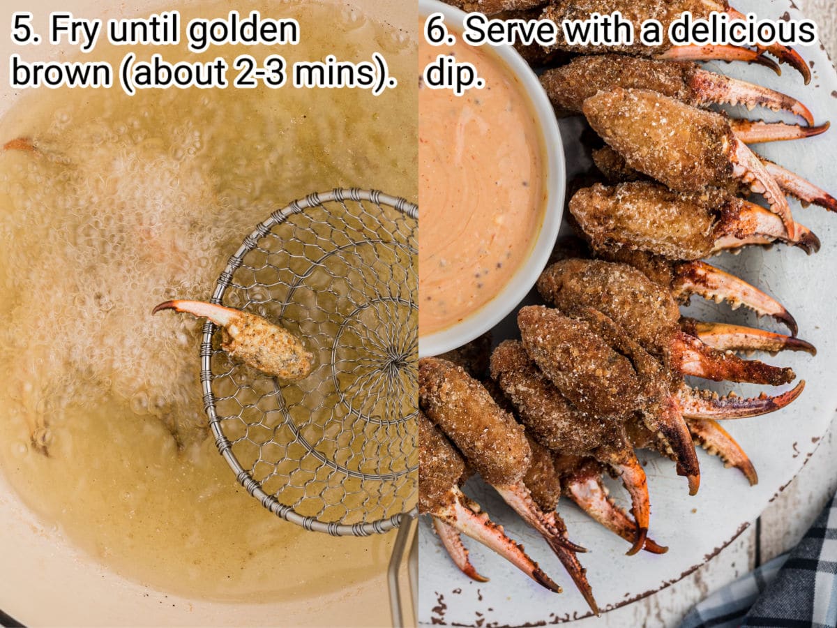two images side by side showing crab claws being fried