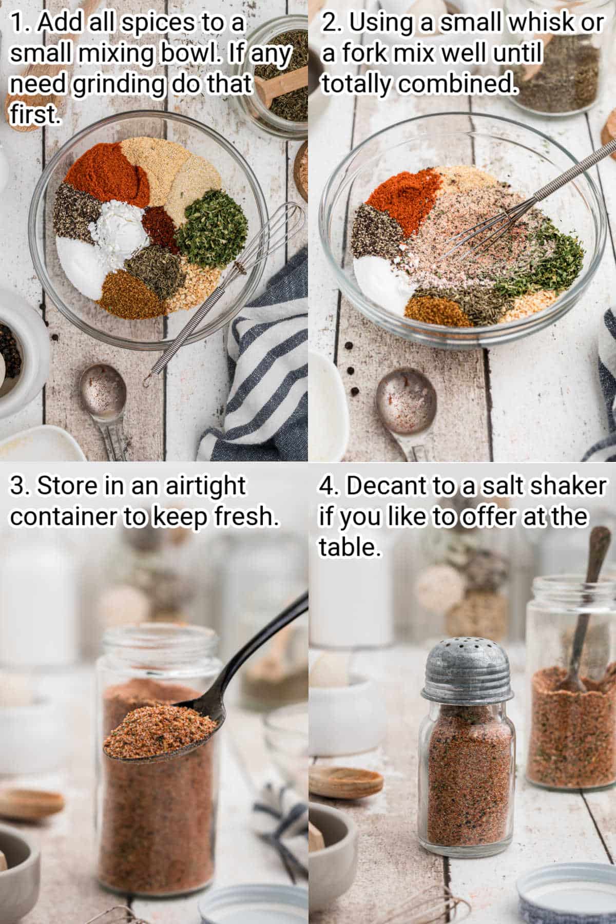 four images showing the process for making a seasoning blend