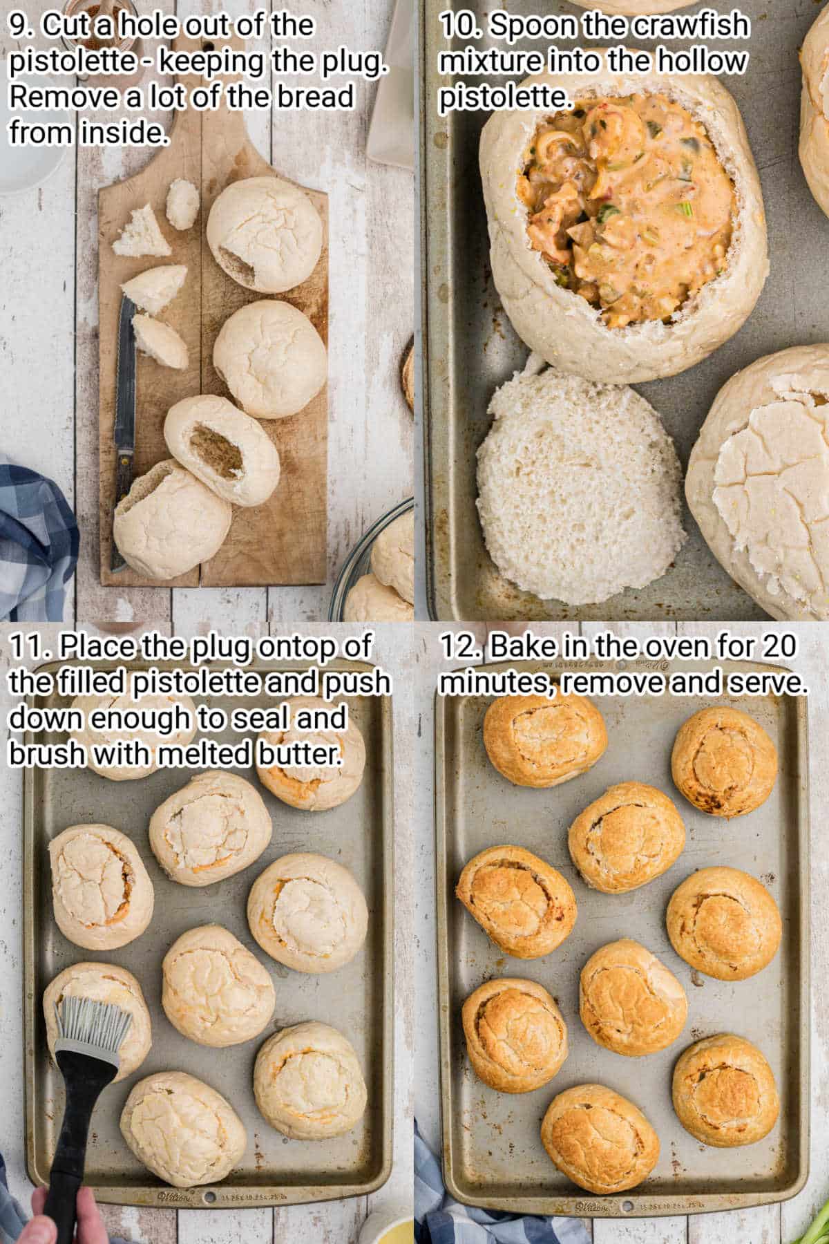 four images showing steps out to make a crawfish stuffed pistolette