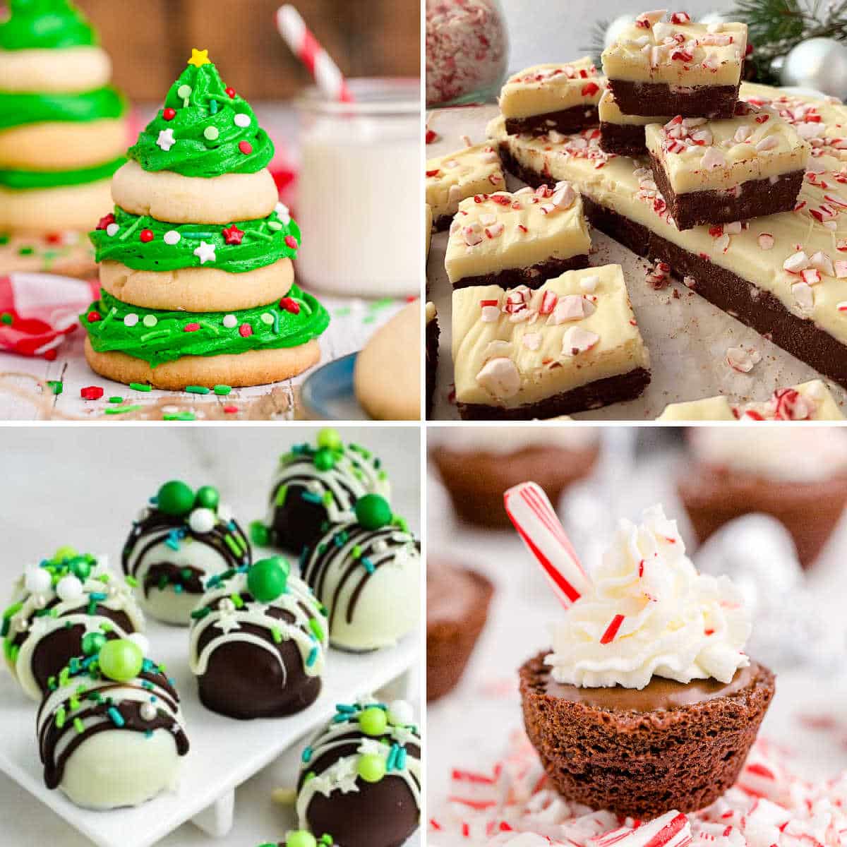 4 images showing easy Christmas treats of a stacked christmas tree cookie, Christmas fudge, hot chocolate brownie bites and Christmas truffles