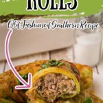 a stack of cabbage rolls with an arrow pointing to the one that has been cut open