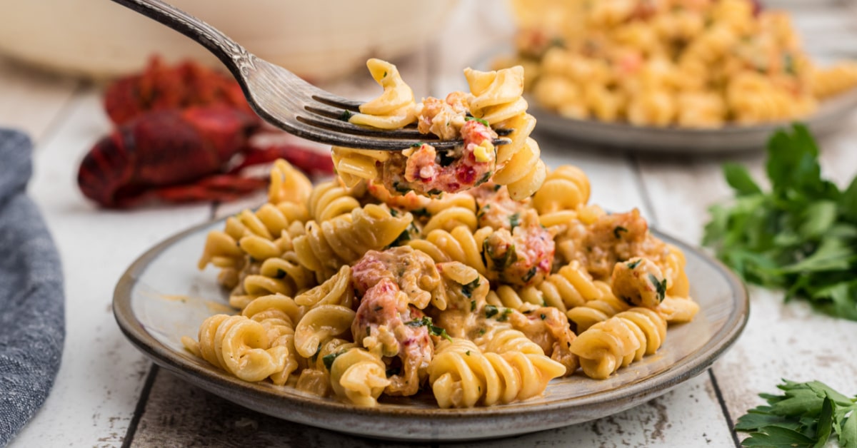 close up image of crawfish monica on a fork
