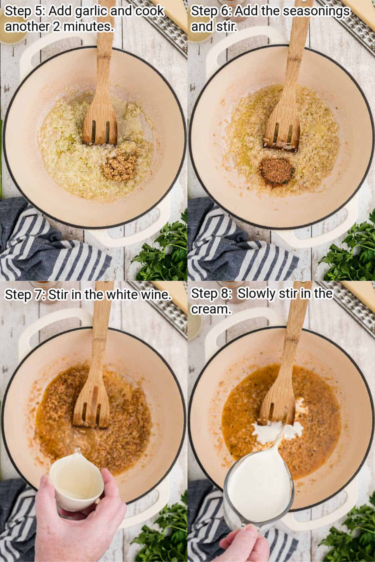 four images showing the steps needed to make a crawfish monica