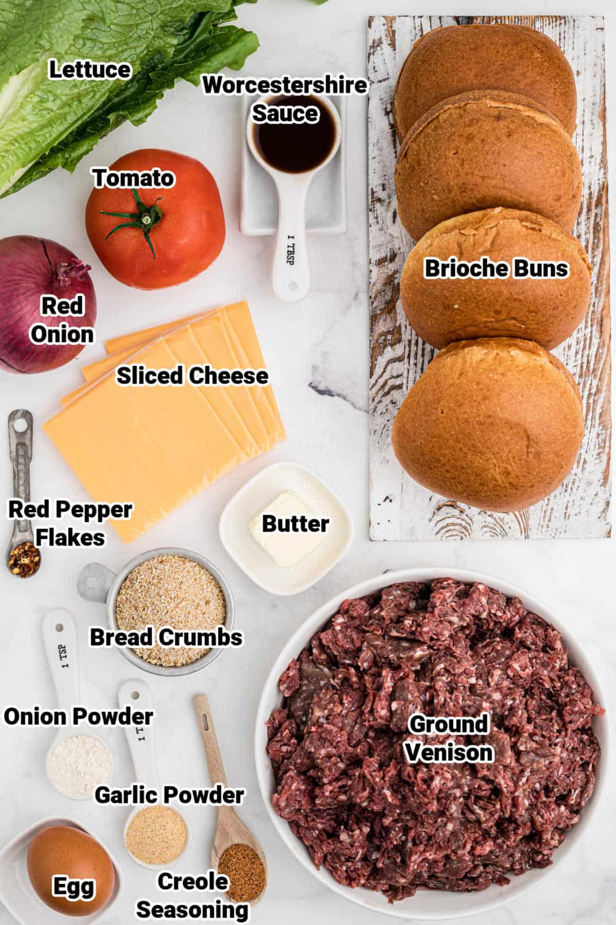 ingredients that go into venison burgers, all laid out