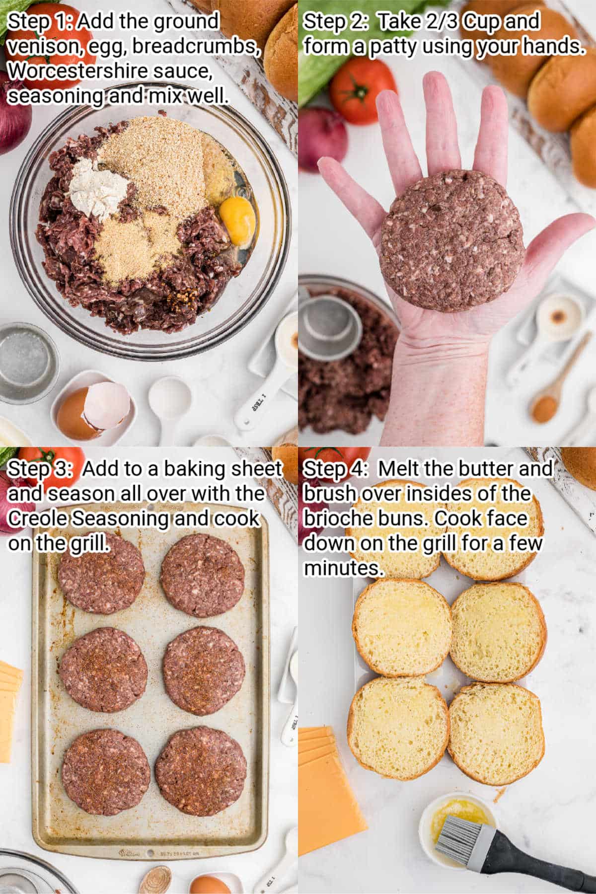 four images showing how to make venison burgers