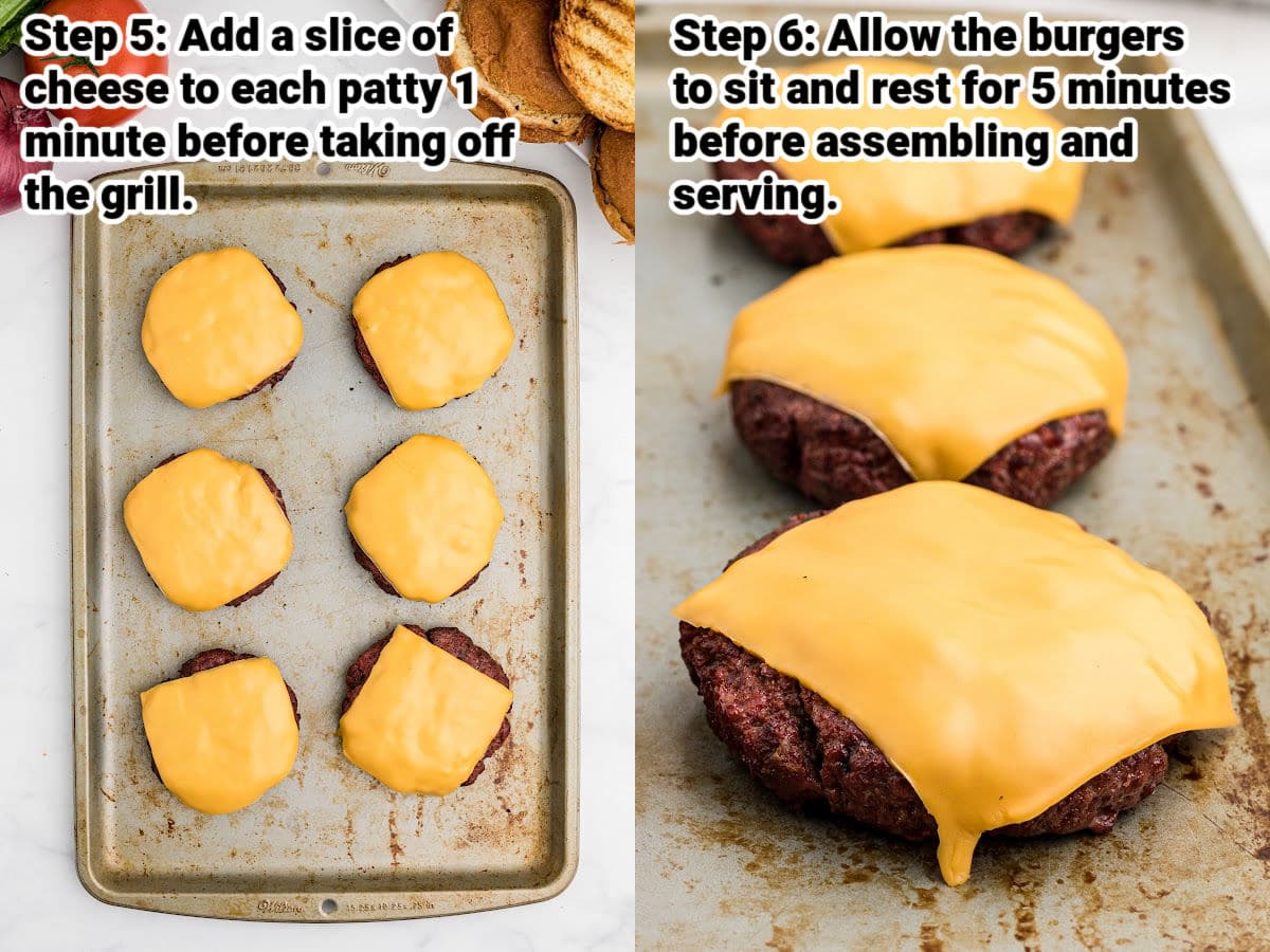 close up of some grilled venison burgers laid out with a slice of cheese on top