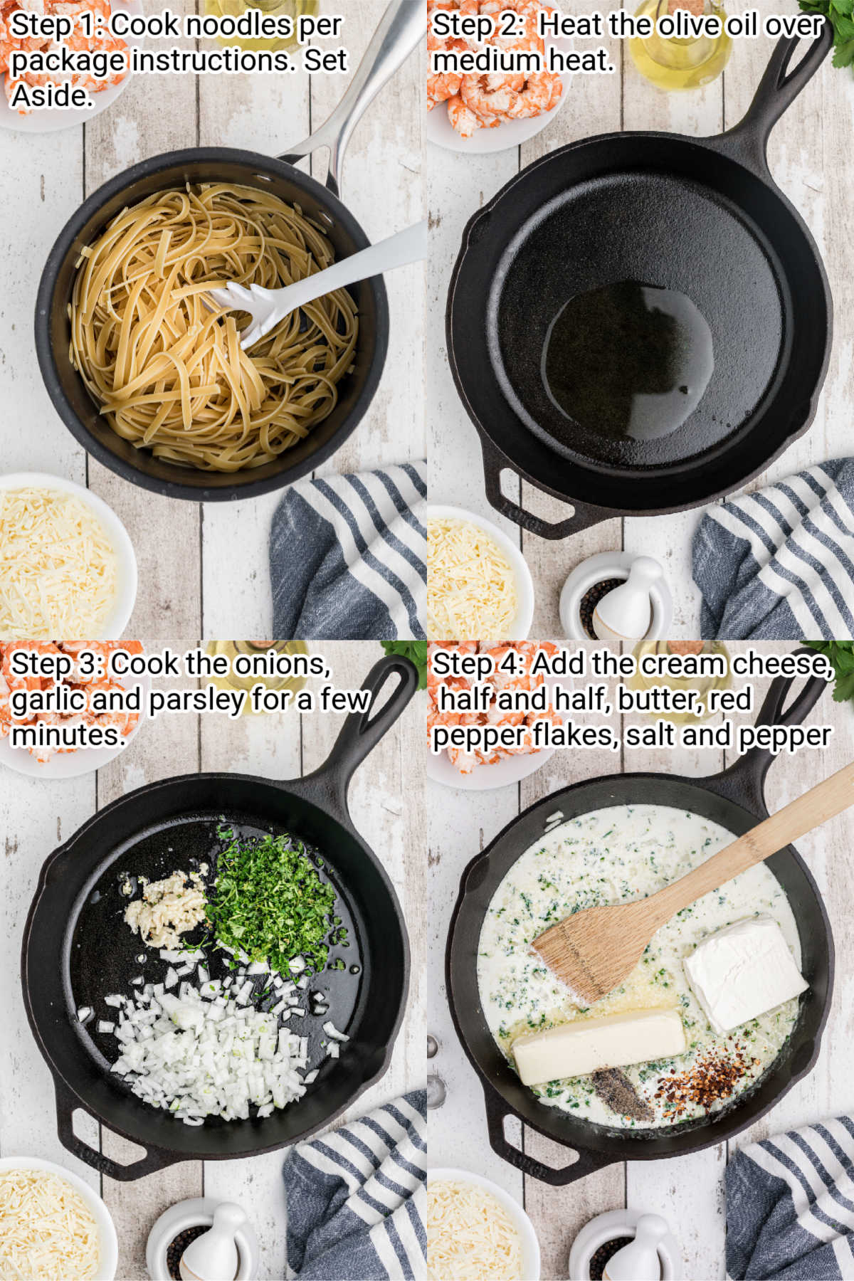 four images showing how to make a shrimp alfredo bake