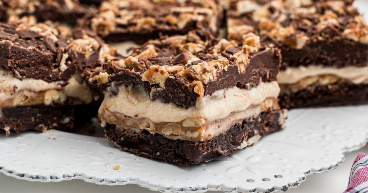a delicious close up of a snickers brownie
