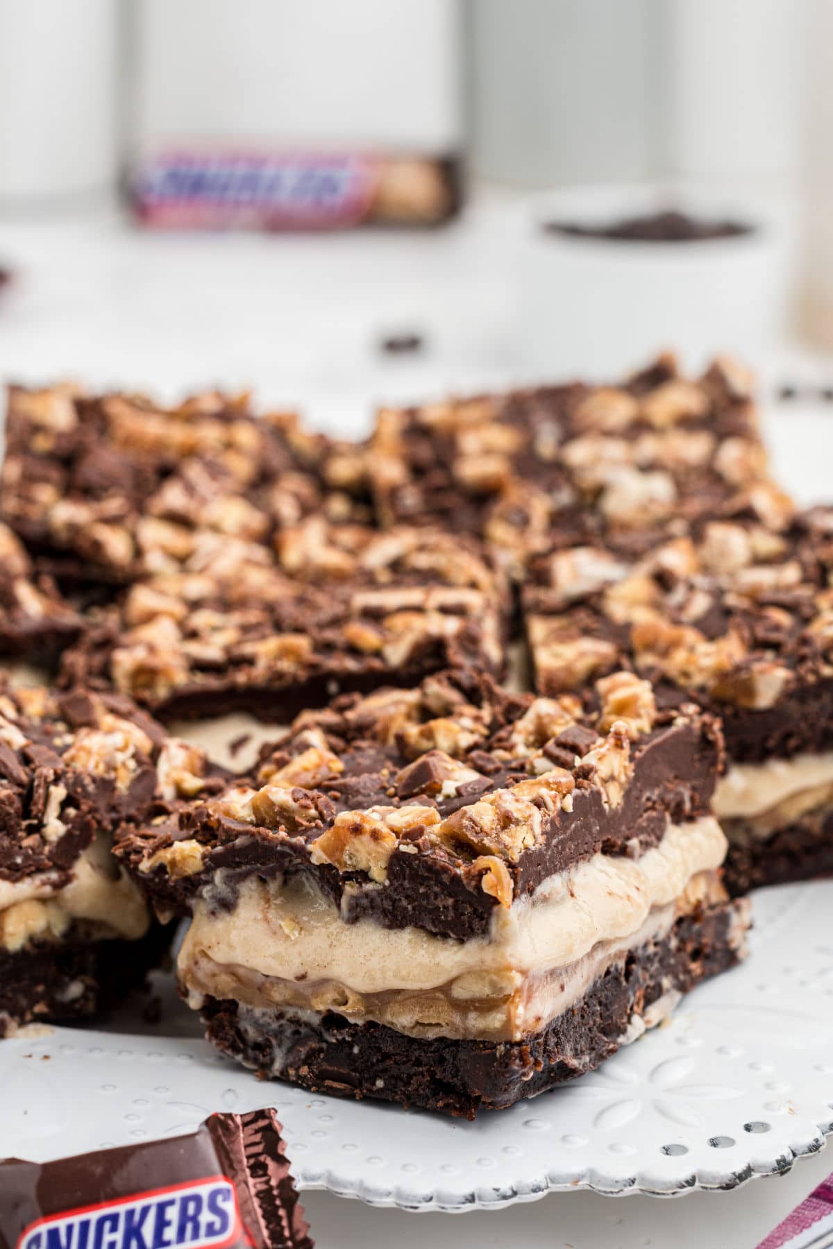 close up image of a snickers brownie