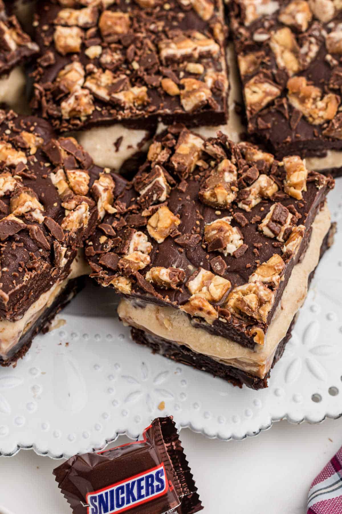 close up image of a snickers brownie
