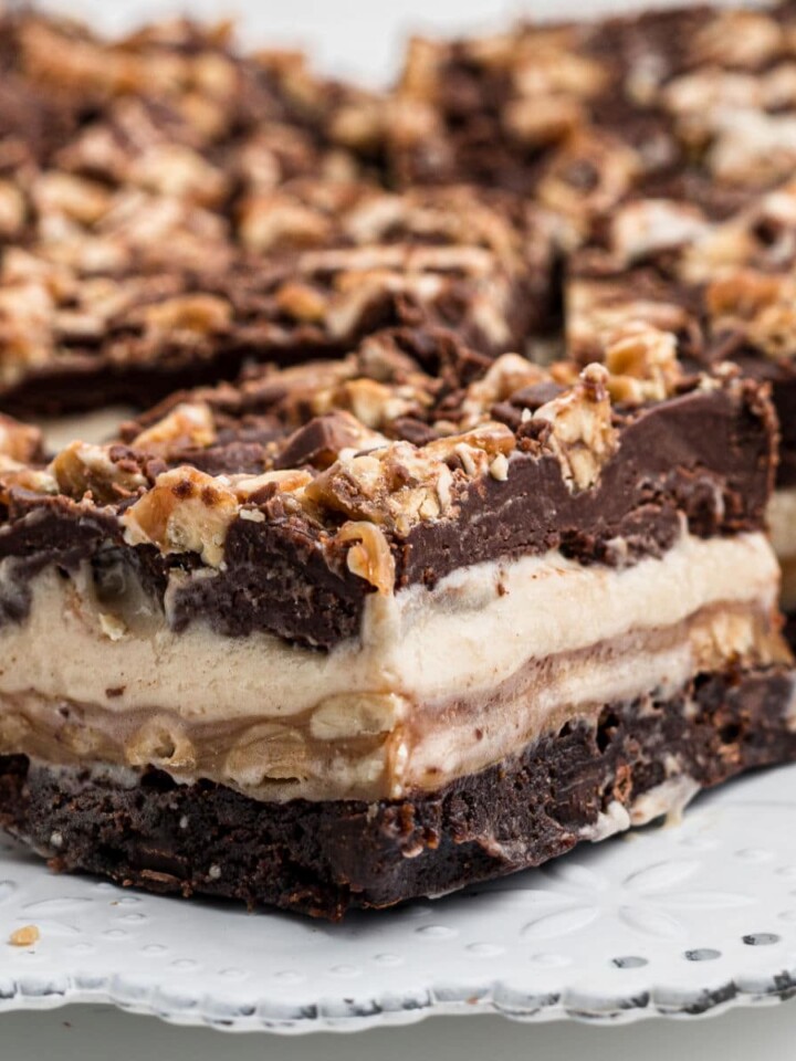 a close up of a snickers brownie
