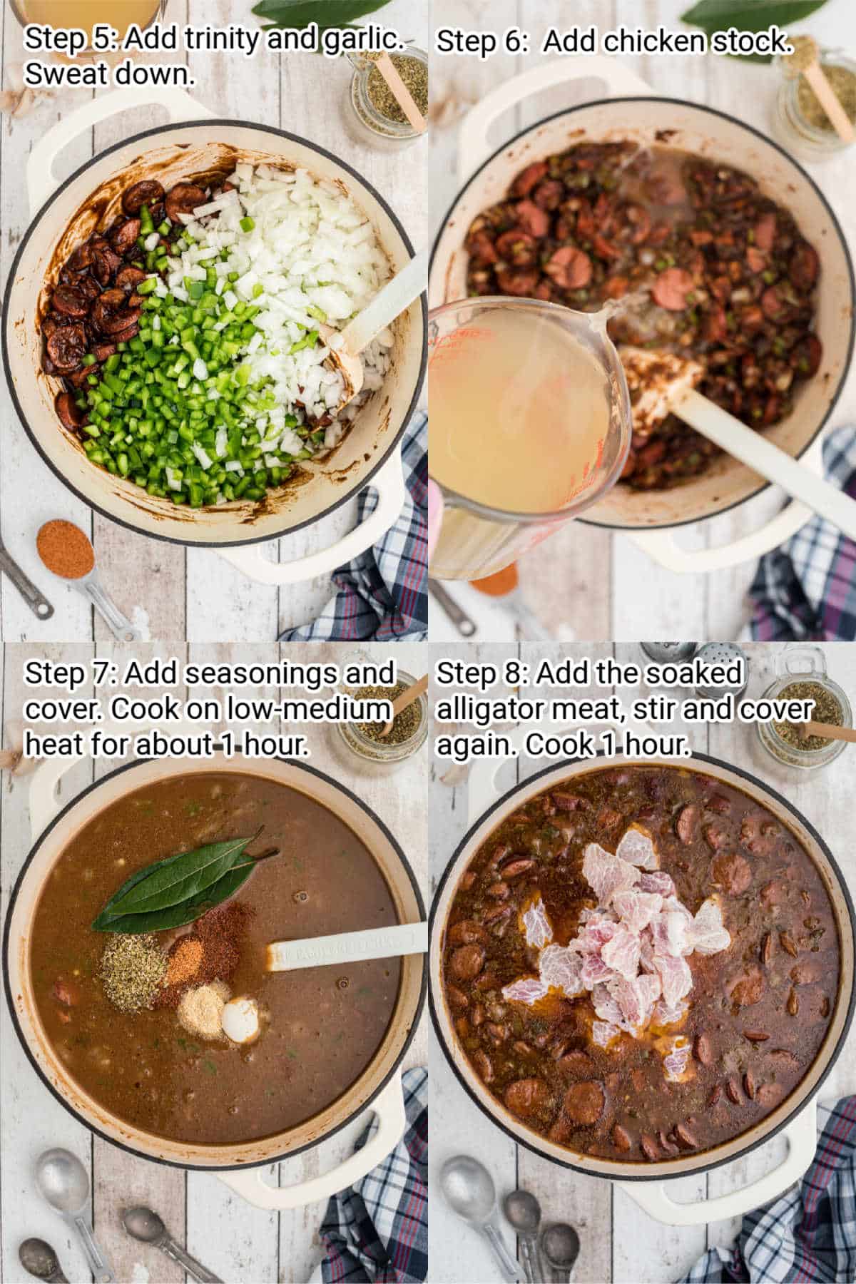 four images of recipes steps for making an alligator gumbo
