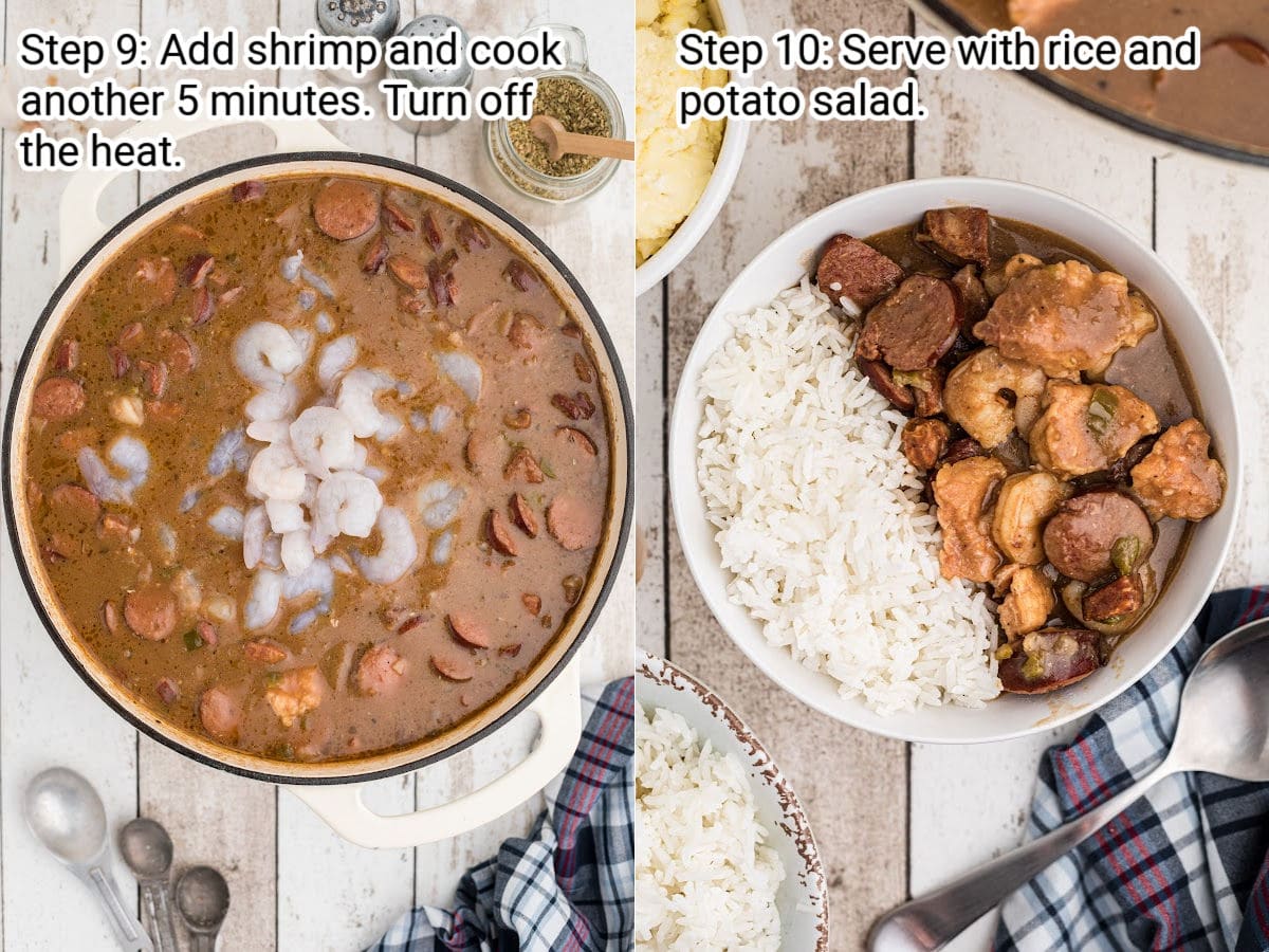 two images of recipes steps for making an alligator gumbo