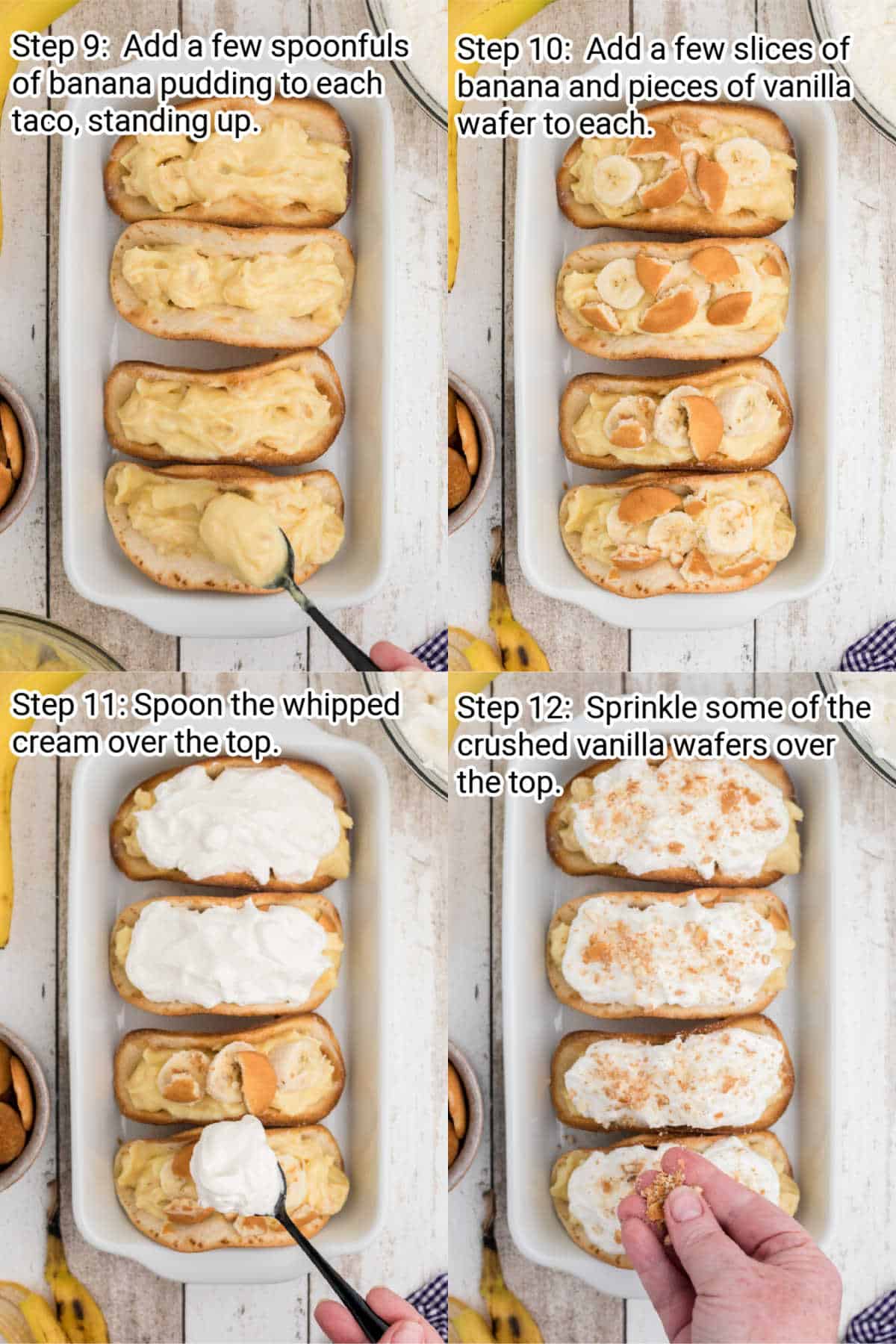 four images showing recipe steps on how to make a banana pudding taco