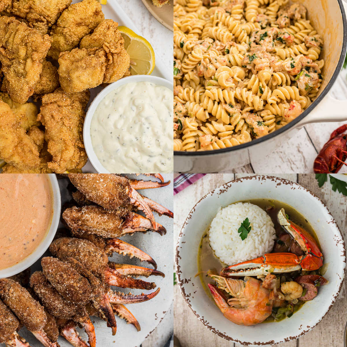 four images of cajun seafood recipes catfish, crawfish monica, fried crab claws and seafood gumbo