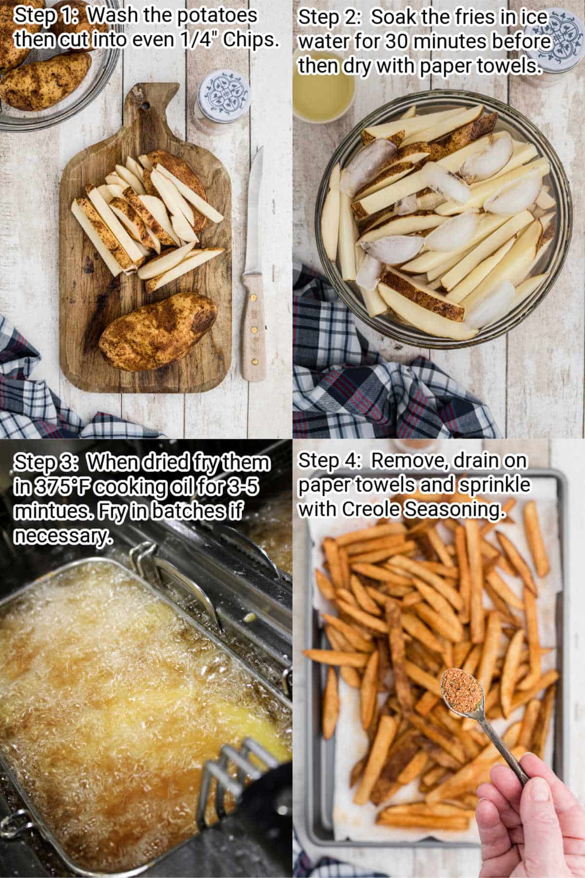 four images showing how to make popeyes cajun fries