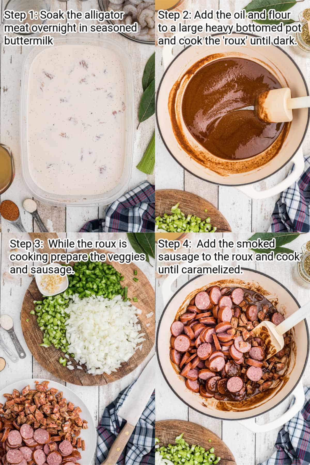 four images of recipes steps for making an alligator gumbo