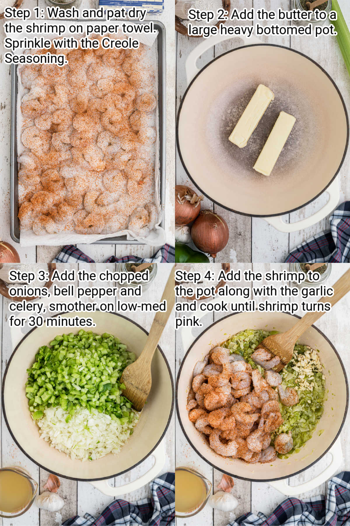 four images showing how to make a shrimp etouffee
