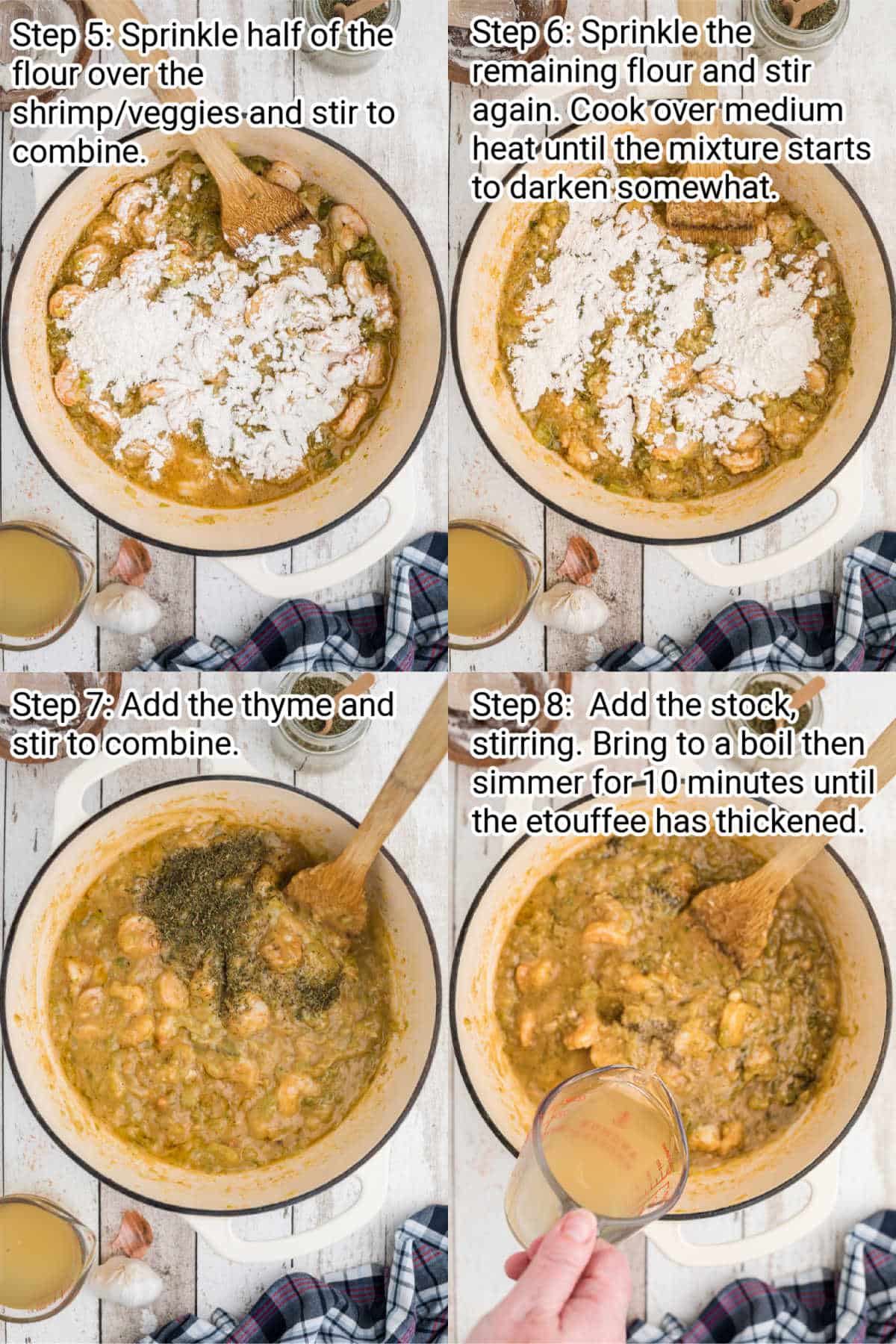 four images showing how to make a shrimp etouffee