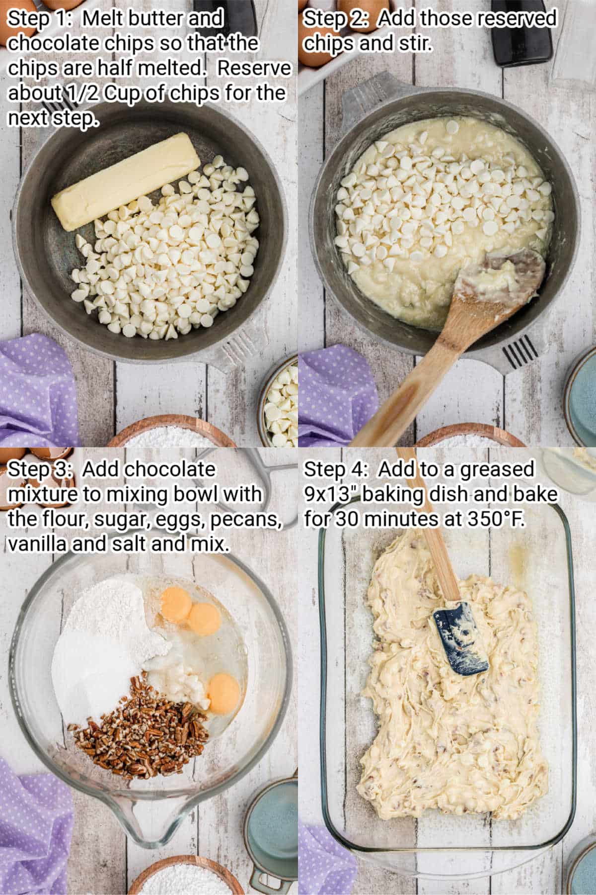 4 images showing steps to take to make vanilla brownies