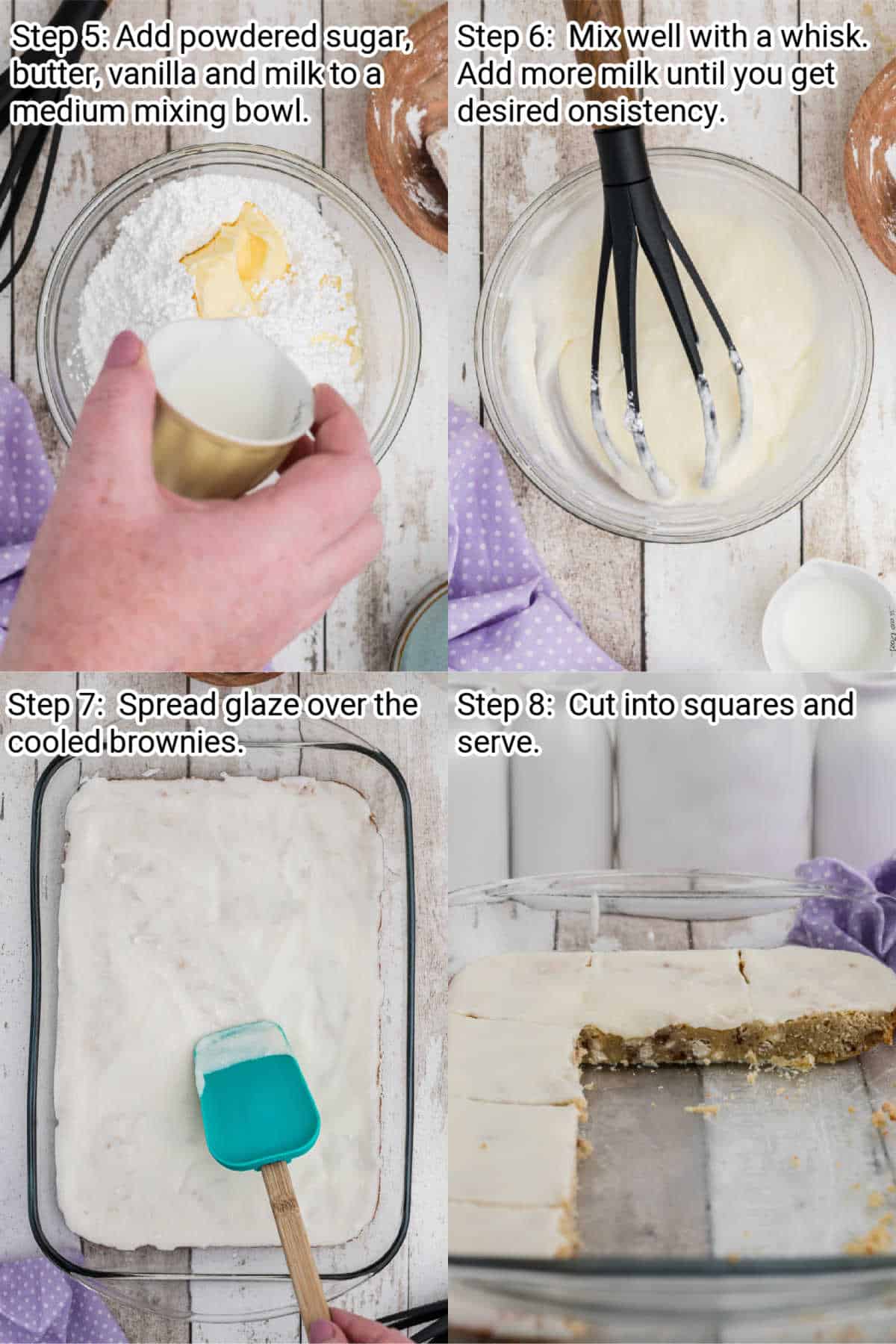 4 images showing steps to take to make vanilla brownies