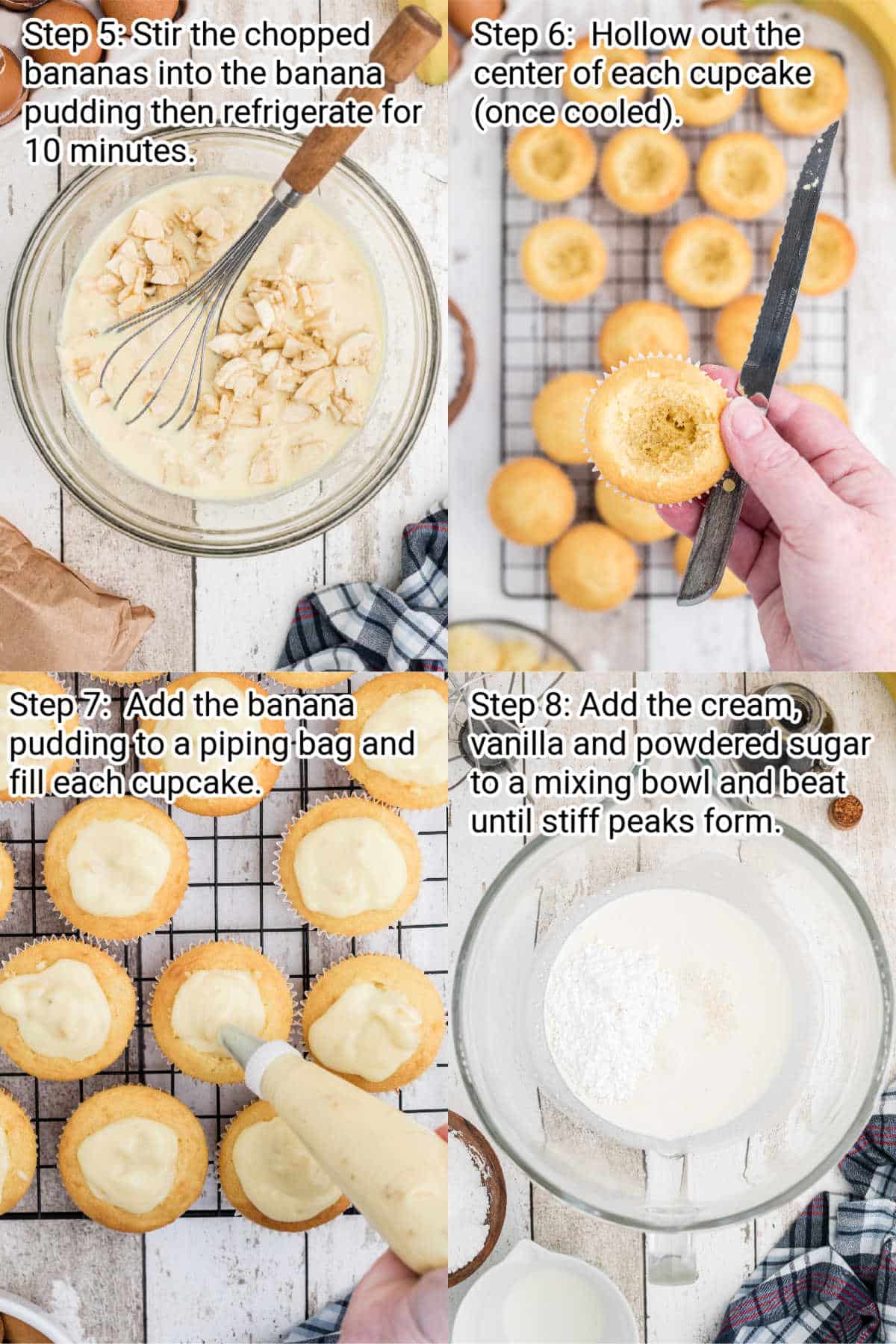 four images showing the recipe steps for making banana pudding cupcakes