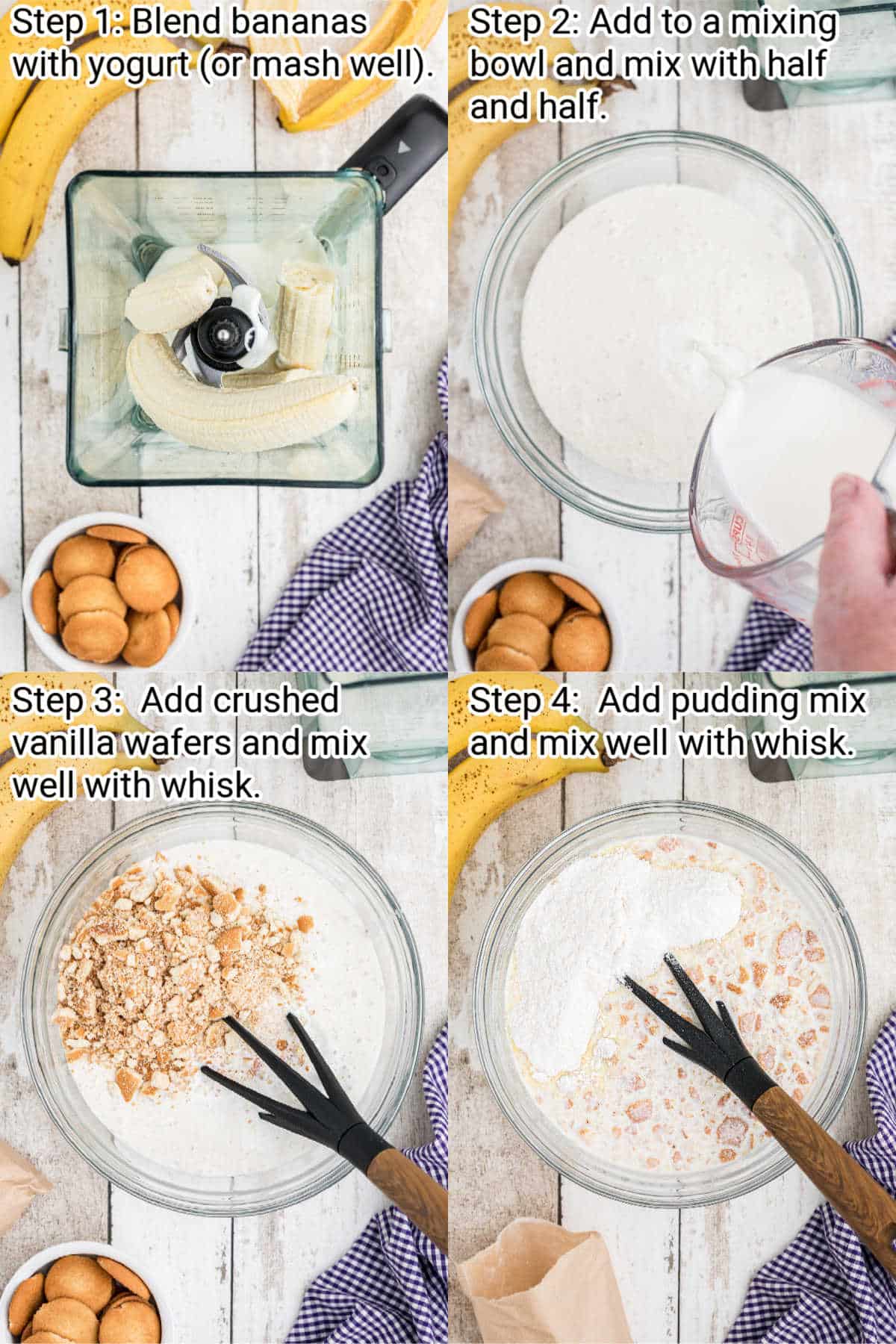 collage of images showing how to make banana pudding popsicles, steps 1 through 4