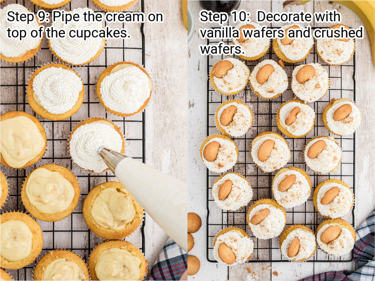 two images showing the recipe steps for making banana pudding cupcakes
