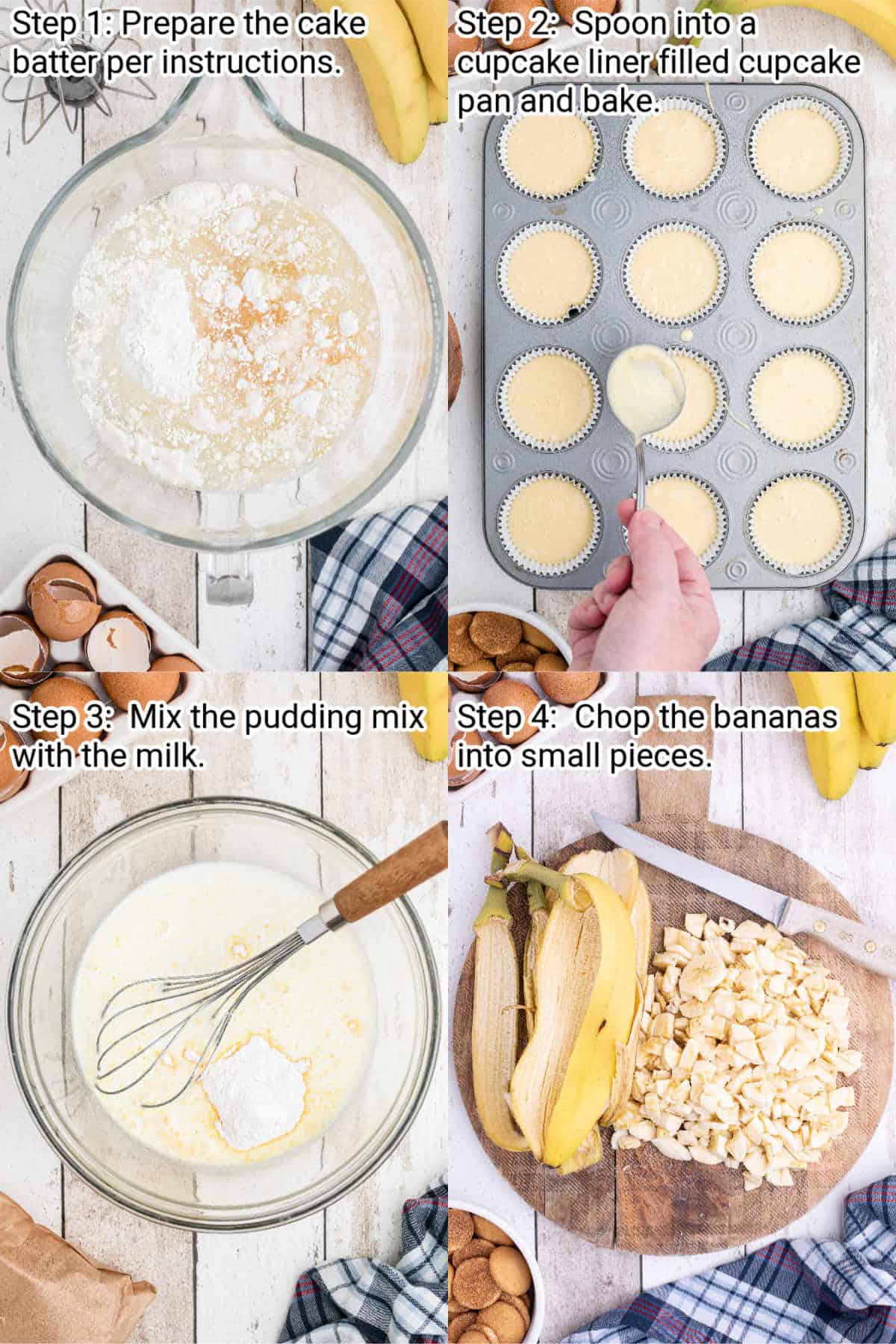 four images showing the recipe steps for making banana pudding cupcakes
